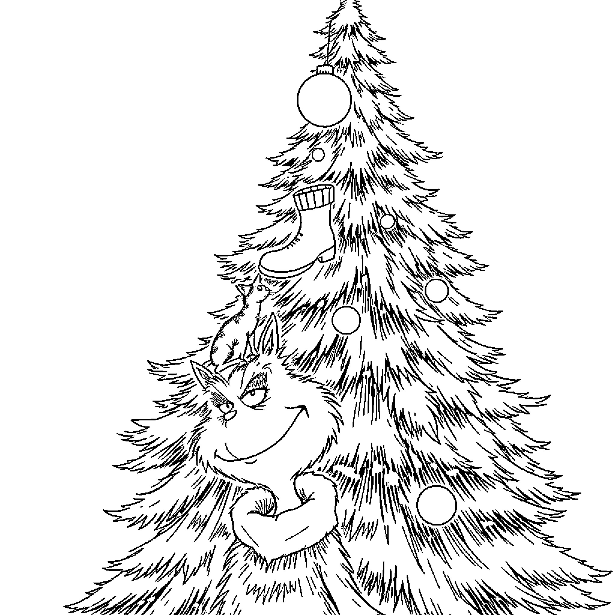 Cat decorating festive tree with ornaments Coloring Page (free black-and-white line drawing printable PDF for all, from beginners to advanced learners, including children, teens, adults, and seniors)