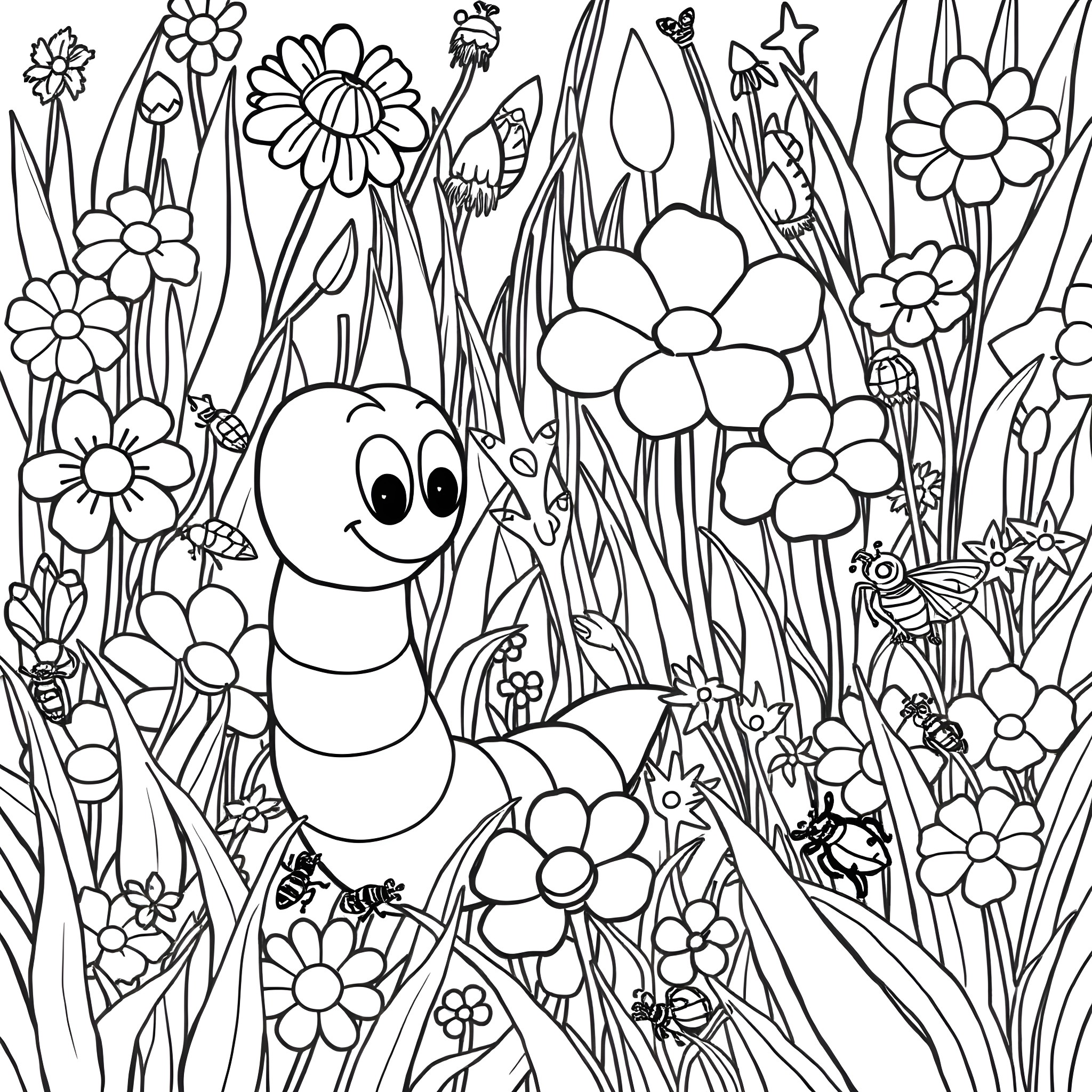 Worm exploring the floral garden Coloring Page (free black-and-white line drawing printable PDF for all, from beginners to advanced learners, including children, teens, adults, and seniors)