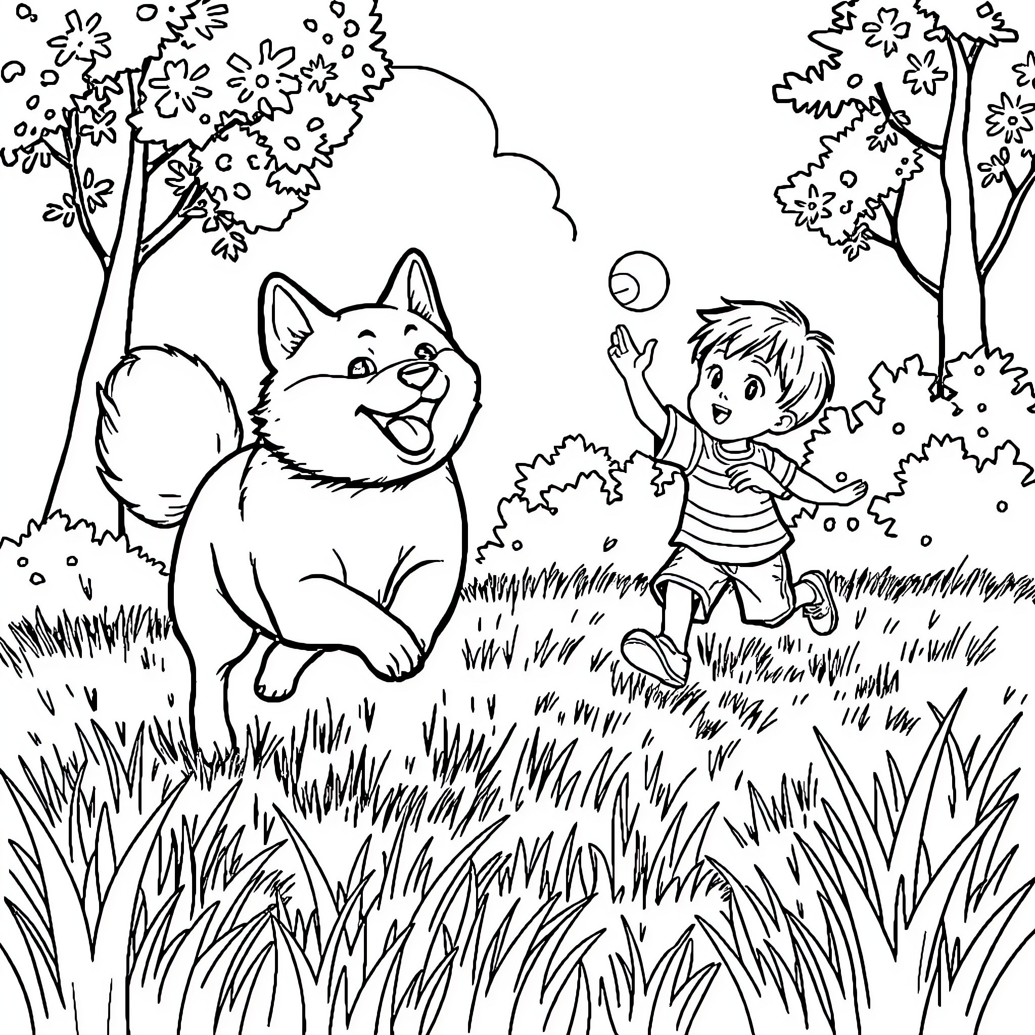Shiba Inu playing joyfully with a child in a park Coloring Page (free black-and-white line drawing printable PDF for all, from beginners to advanced learners, including children, teens, adults, and seniors)