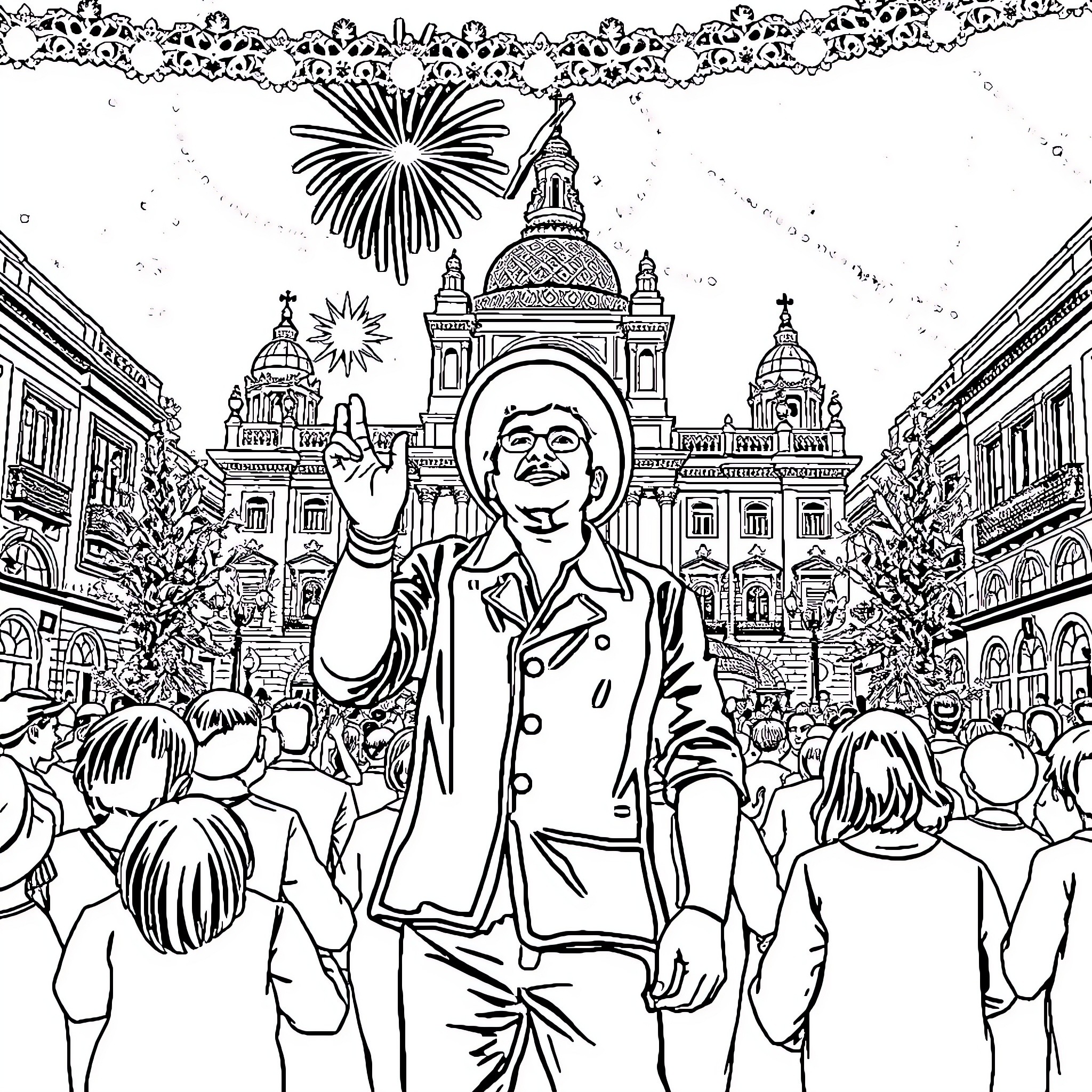 Patricio celebrates with a crowd in front of a grand cathedral Coloring Page (free black-and-white line drawing printable PDF for all, from beginners to advanced learners, including children, teens, adults, and seniors)