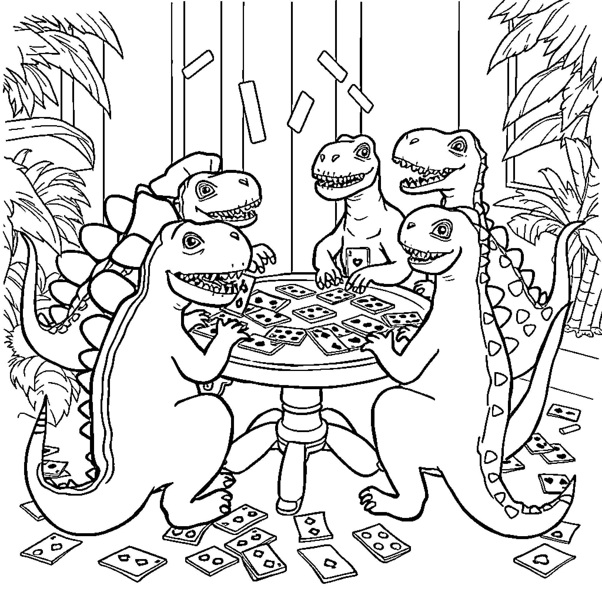 Dinosaurs playing cards and having fun Coloring Page (free black-and-white line drawing printable PDF for all, from beginners to advanced learners, including children, teens, adults, and seniors)