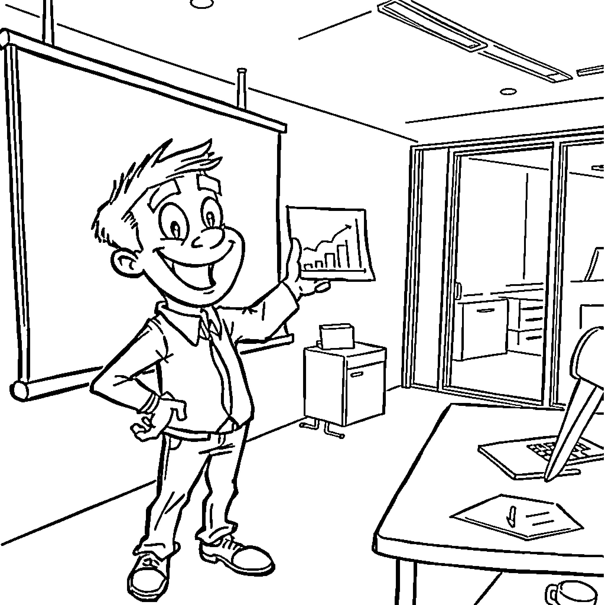 Presenter Giving Animated Business Presentation in Office Coloring Page (free black-and-white line drawing printable PDF for all, from beginners to advanced learners, including children, teens, adults, and seniors)