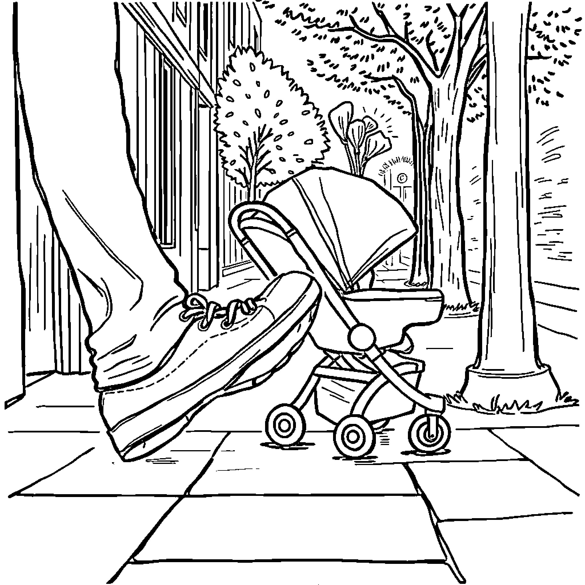 Shoe stroller in a city park Coloring Page (free black-and-white line drawing printable PDF for all, from beginners to advanced learners, including children, teens, adults, and seniors)