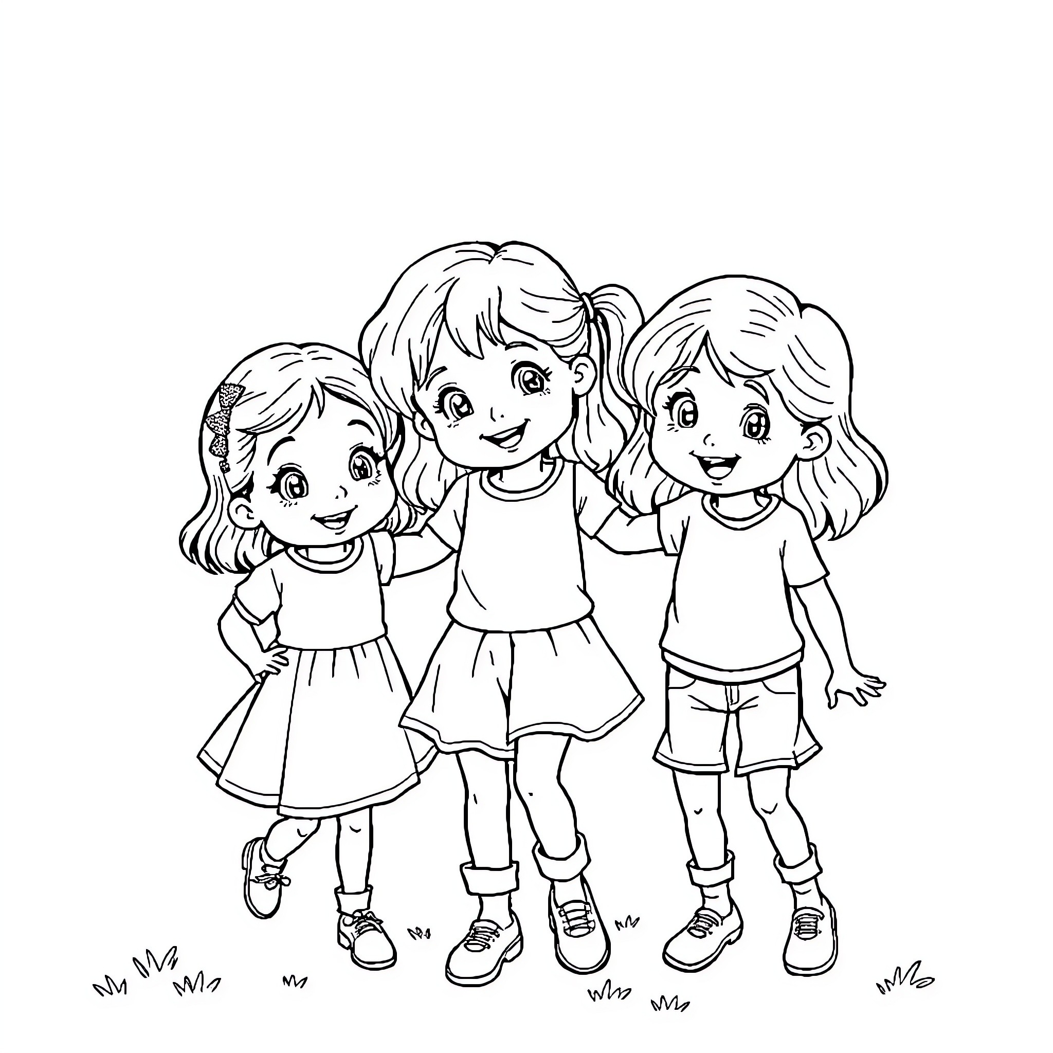 Girls Enjoying Playtime Together Coloring Page (free black-and-white line drawing printable PDF for all, from beginners to advanced learners, including children, teens, adults, and seniors)