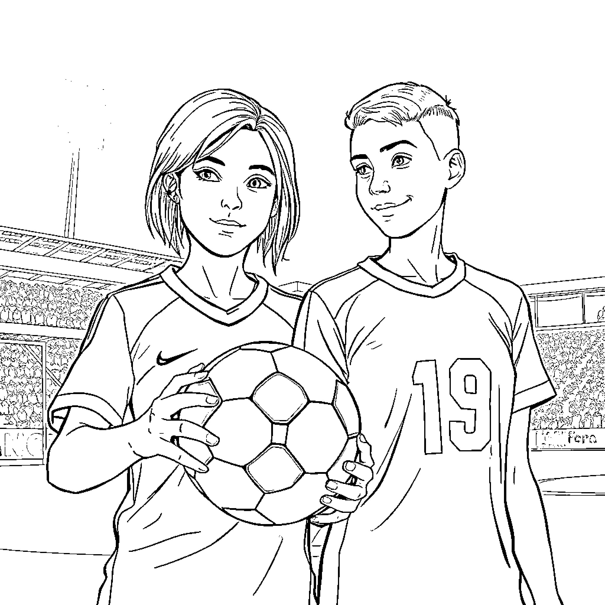 Chica and Chico playing soccer together Coloring Page (free black-and-white line drawing printable PDF for all, from beginners to advanced learners, including children, teens, adults, and seniors)