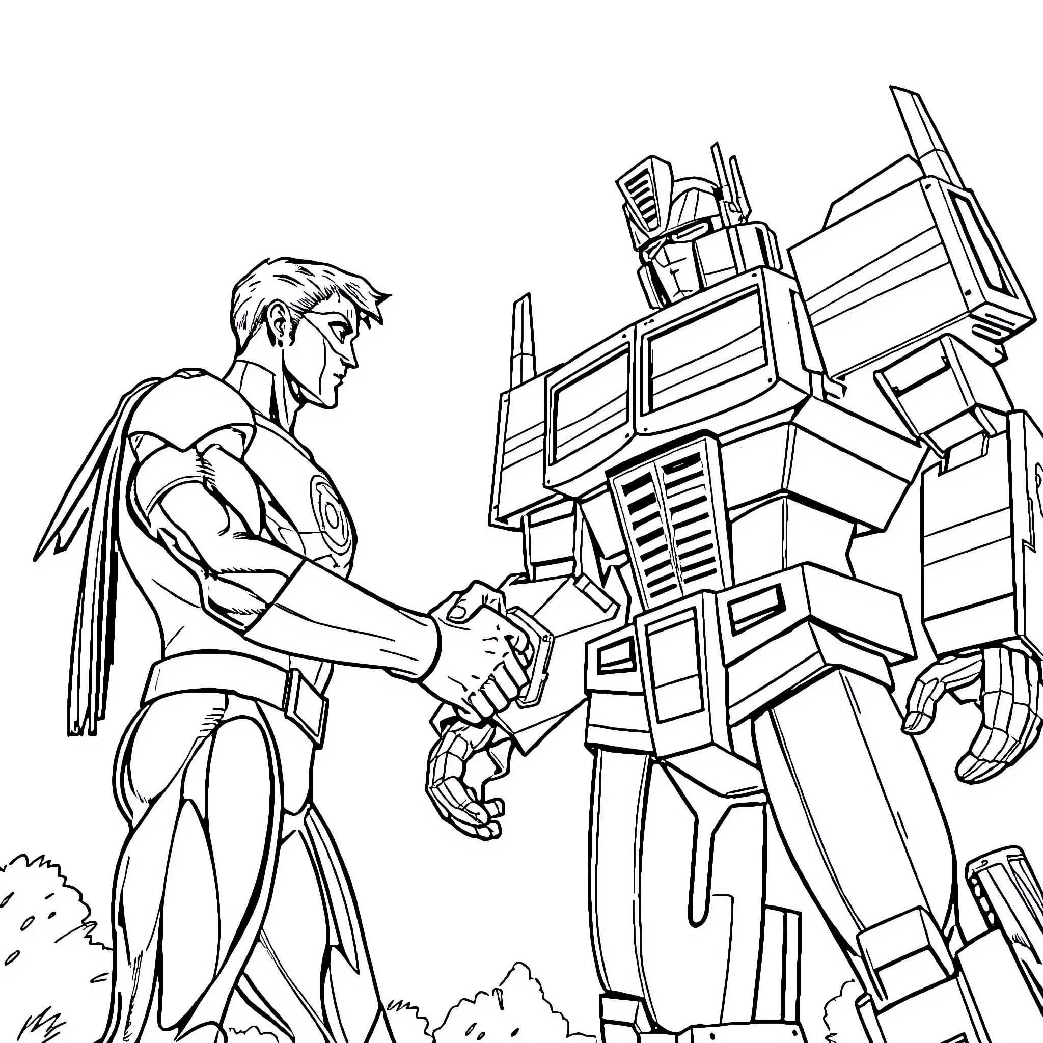 Green Lantern confronts formidable robotic adversary Coloring Page (free black-and-white line drawing printable PDF for all, from beginners to advanced learners, including children, teens, adults, and seniors)
