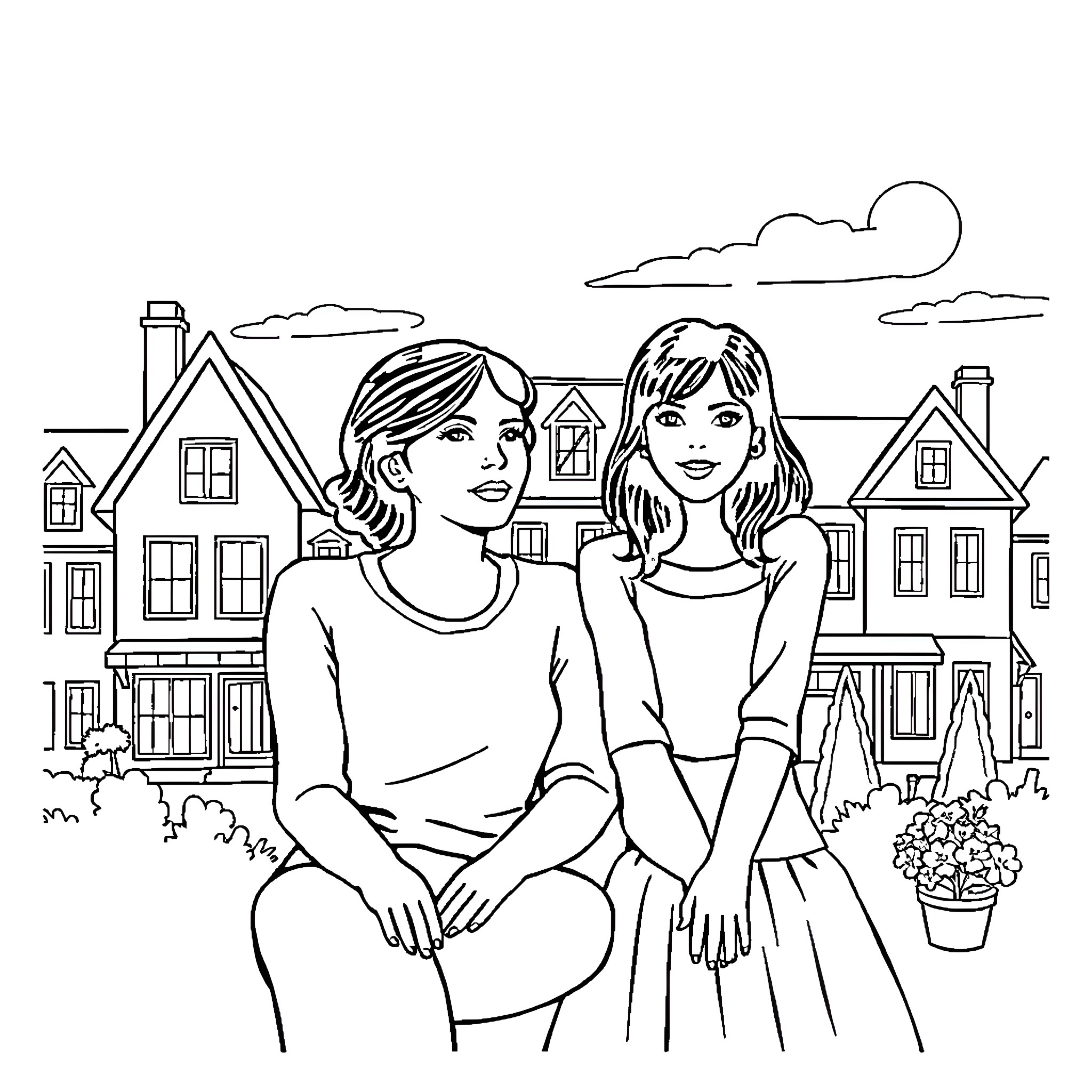 Gilmore Girls: Rory and Lorelai in Front of the Town Houses Coloring Page (free black-and-white line drawing printable PDF for all, from beginners to advanced learners, including children, teens, adults, and seniors)