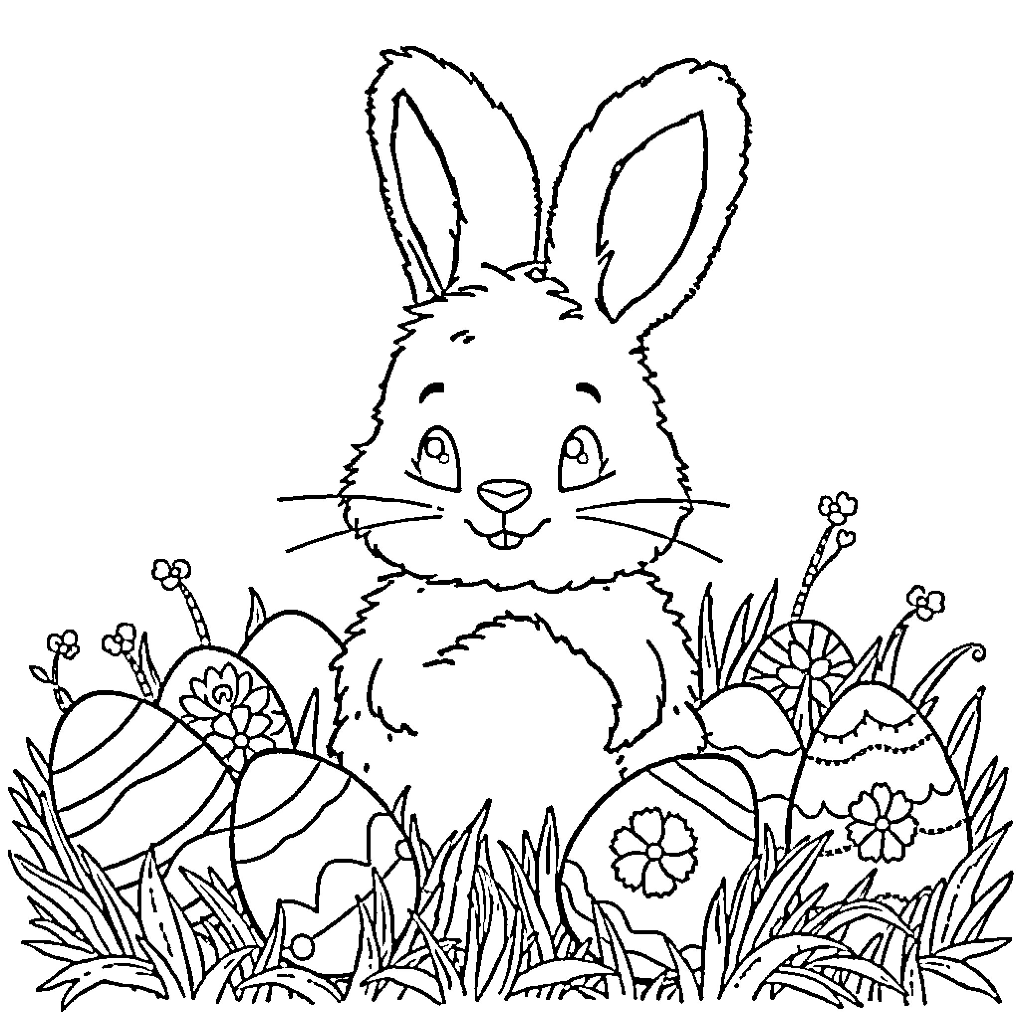 Bunny sitting in a floral garden Coloring Page (free black-and-white line drawing printable PDF for all, from beginners to advanced learners, including children, teens, adults, and seniors)