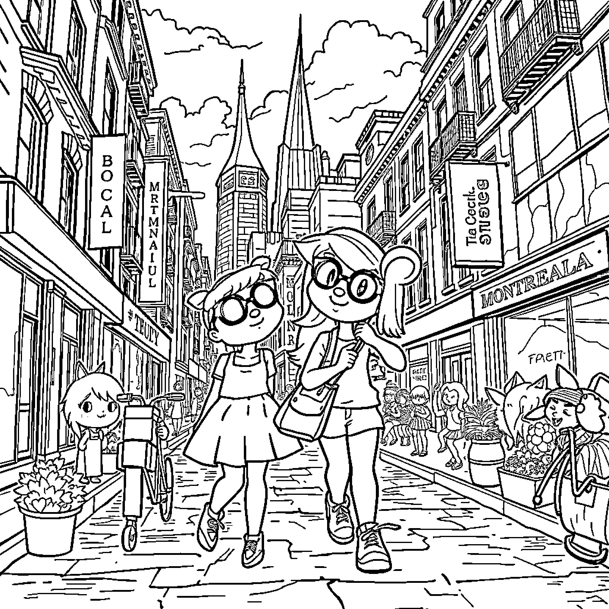 Bluey's Fun-Filled City Adventure Coloring Page (free black-and-white line drawing printable PDF for all, from beginners to advanced learners, including children, teens, adults, and seniors)