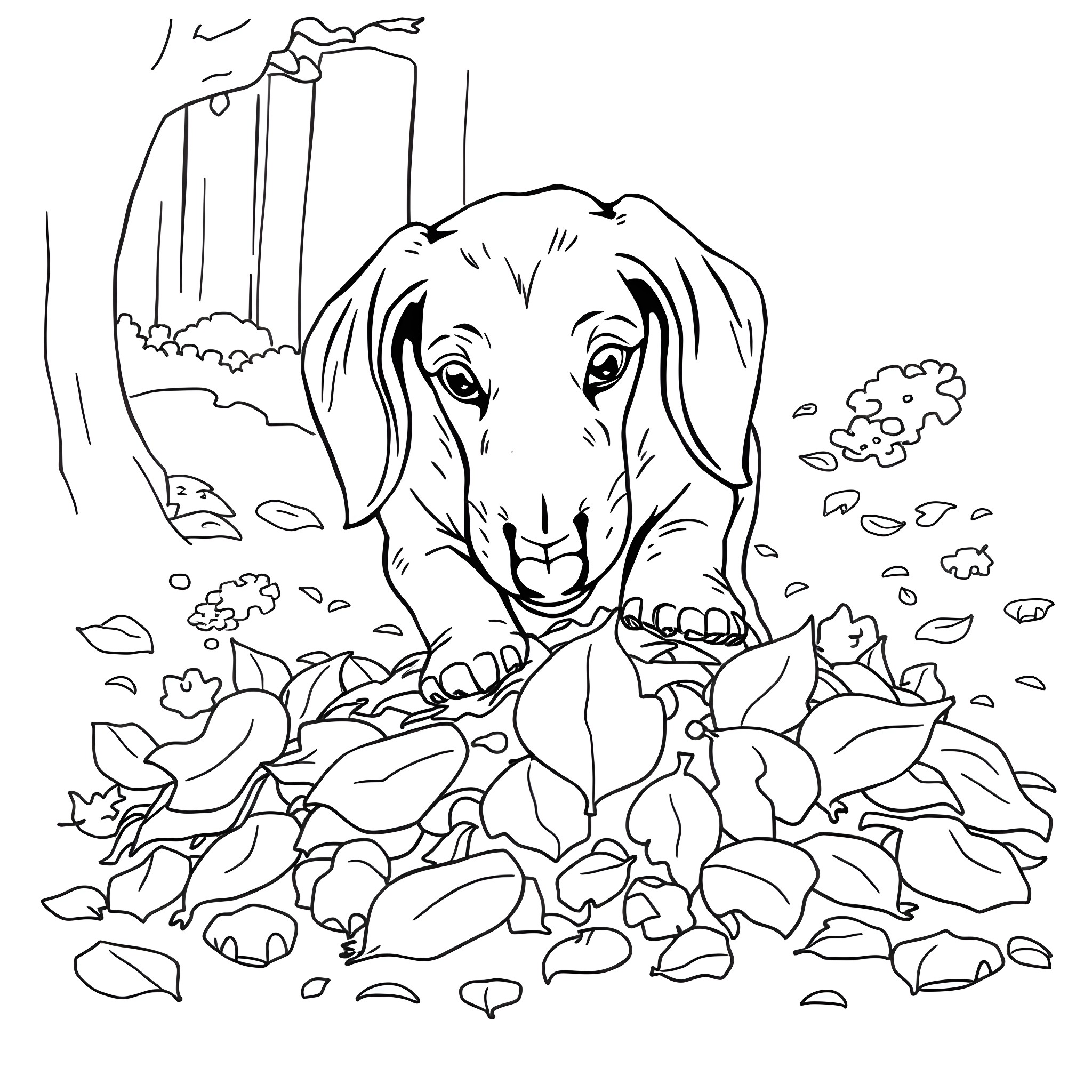Dachshund exploring autumn leaves in nature Coloring Page (free black-and-white line drawing printable PDF for all, from beginners to advanced learners, including children, teens, adults, and seniors)