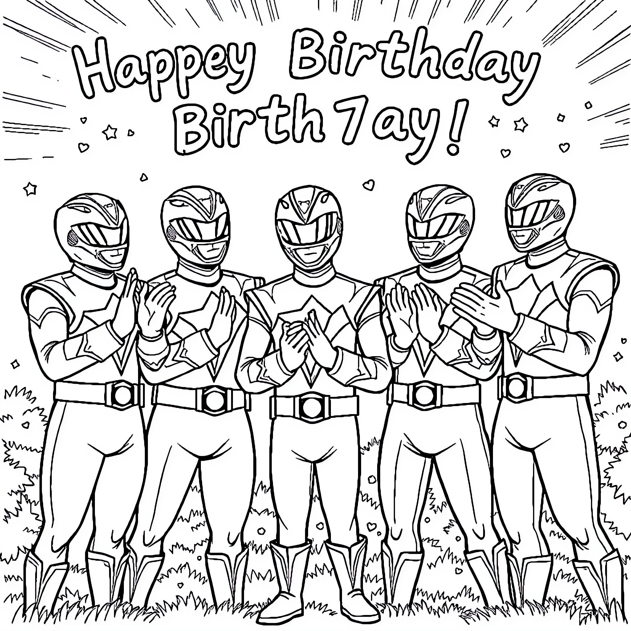Power Rangers Celebrating Birthday with Enthusiasm Coloring Page (free black-and-white line drawing printable PDF for all, from beginners to advanced learners, including children, teens, adults, and seniors)