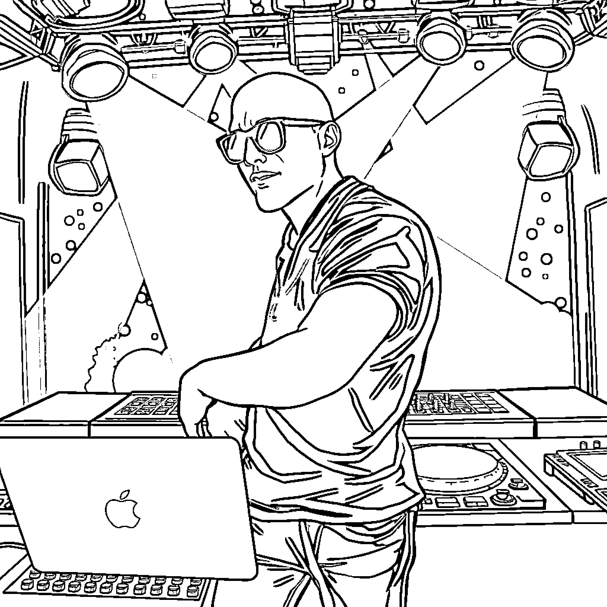DJ Performing Live on Stage with Laptop and Lights Coloring Page (free black-and-white line drawing printable PDF for all, from beginners to advanced learners, including children, teens, adults, and seniors)