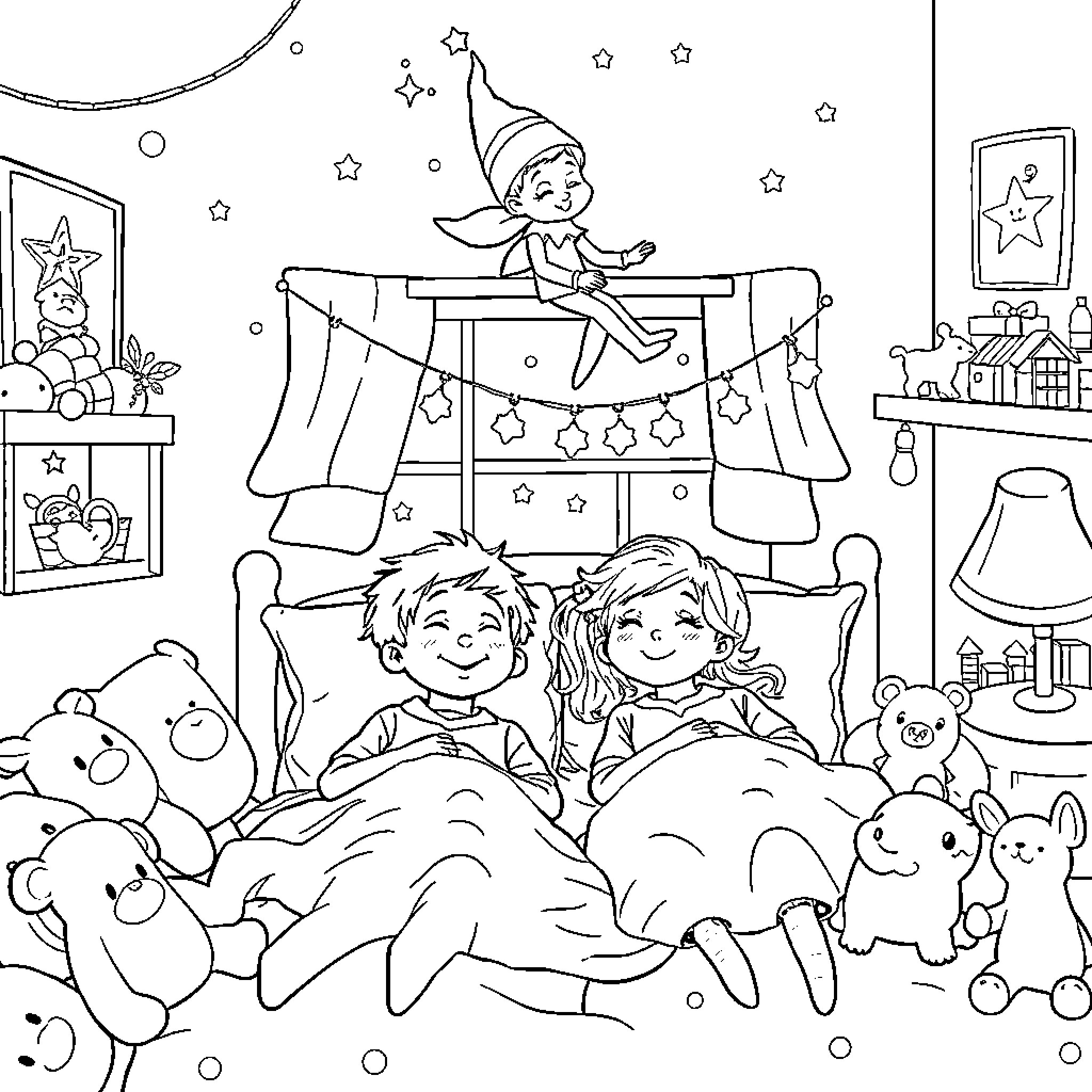 Elf Entertaining Children with Toys and Games Coloring Page (free black-and-white line drawing printable PDF for all, from beginners to advanced learners, including children, teens, adults, and seniors)
