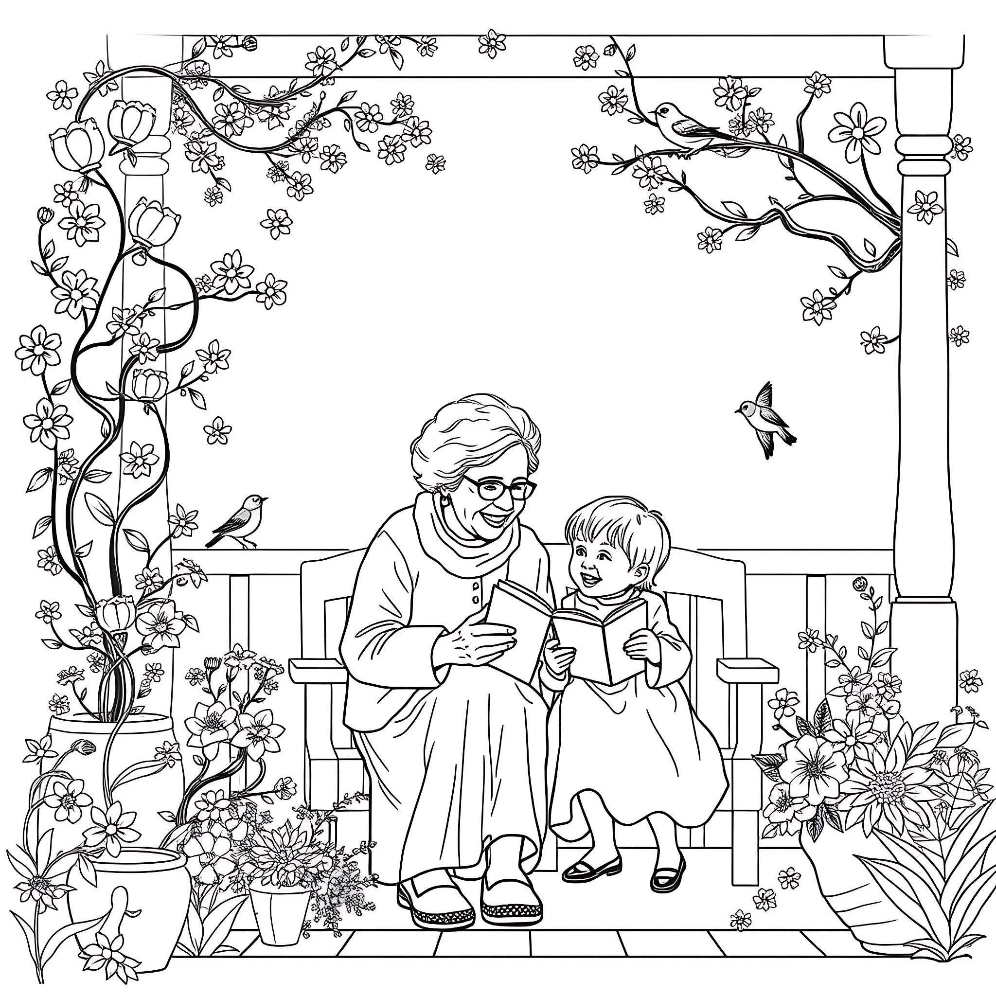 Grandmother reads to her grandchild on a flower-filled porch Coloring Page (free black-and-white line drawing printable PDF for all, from beginners to advanced learners, including children, teens, adults, and seniors)