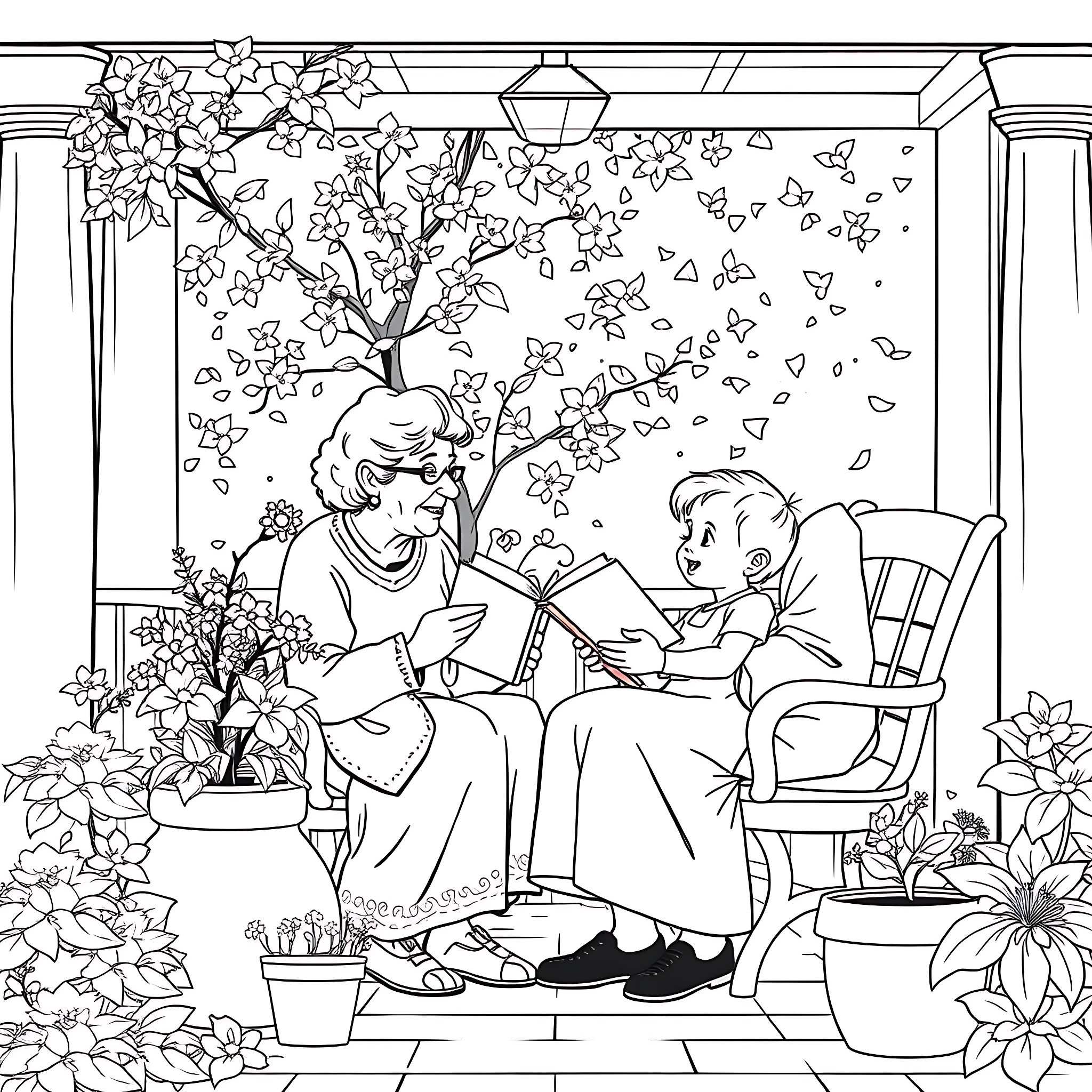 Grandmother telling a story to her grandchild Coloring Page (free black-and-white line drawing printable PDF for all, from beginners to advanced learners, including children, teens, adults, and seniors)