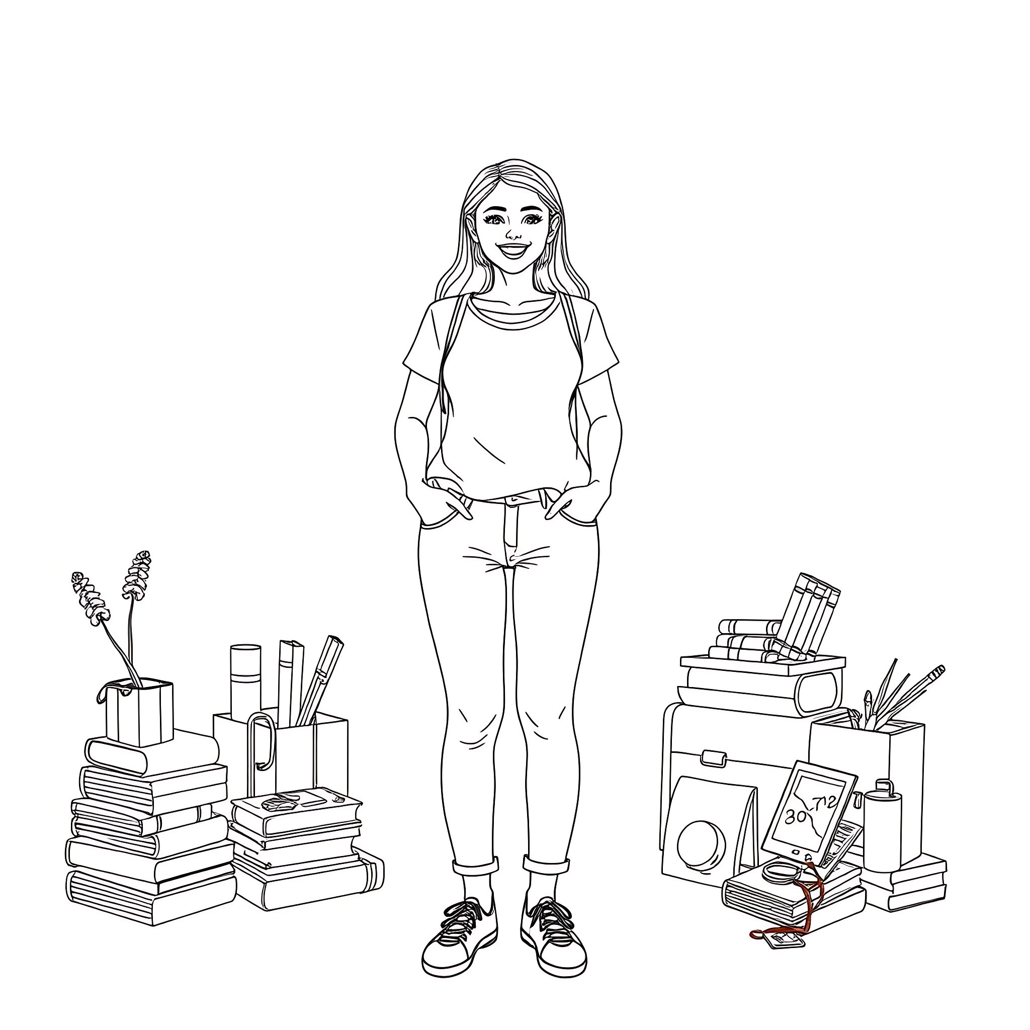 Daughter surrounded by school supplies and stationery Coloring Page (free black-and-white line drawing printable PDF for all, from beginners to advanced learners, including children, teens, adults, and seniors)