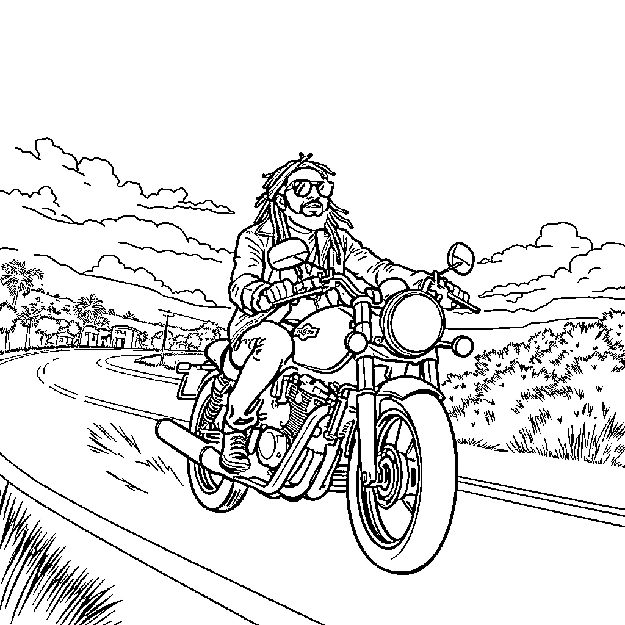 Reggae Singer Riding Motorcycle on Winding Road Coloring Page (free black-and-white line drawing printable PDF for all, from beginners to advanced learners, including children, teens, adults, and seniors)