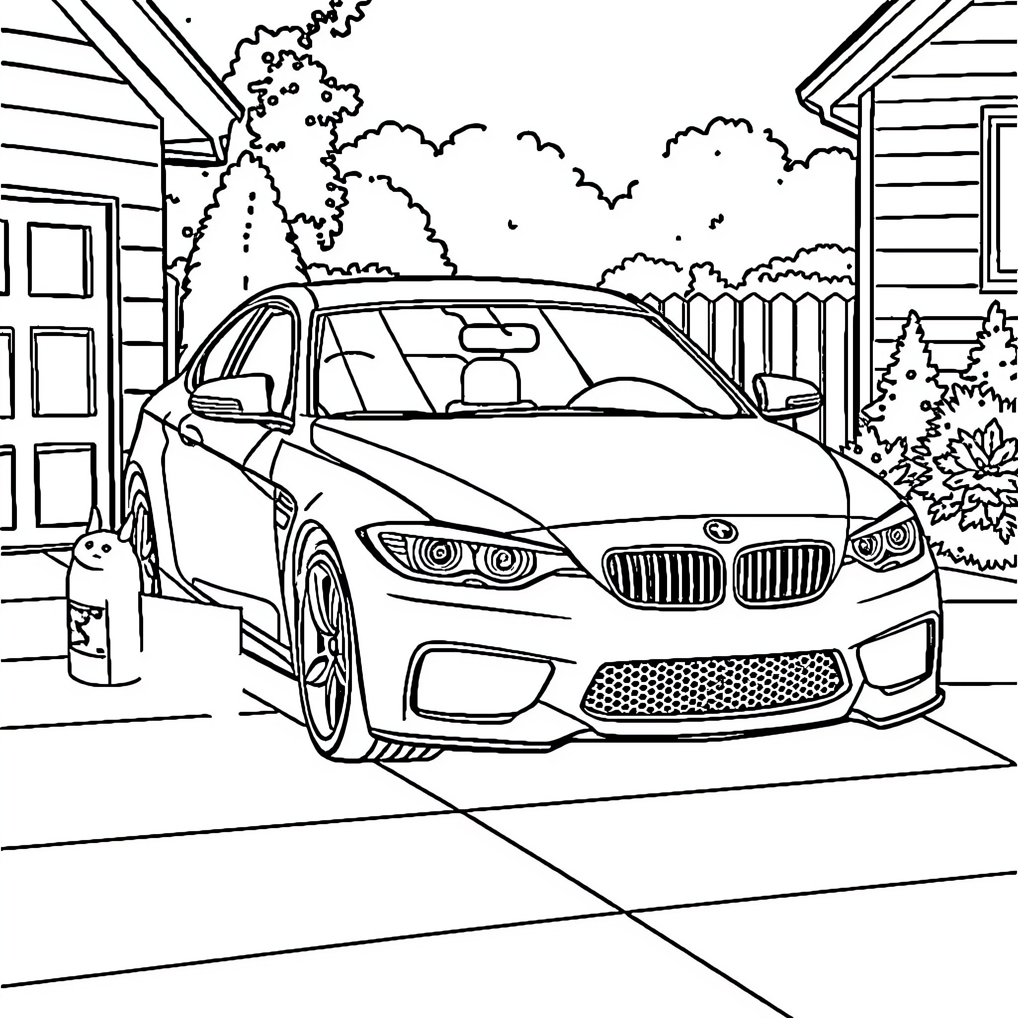 Car in a scenic neighborhood Coloring Page (free black-and-white line drawing printable PDF for all, from beginners to advanced learners, including children, teens, adults, and seniors)