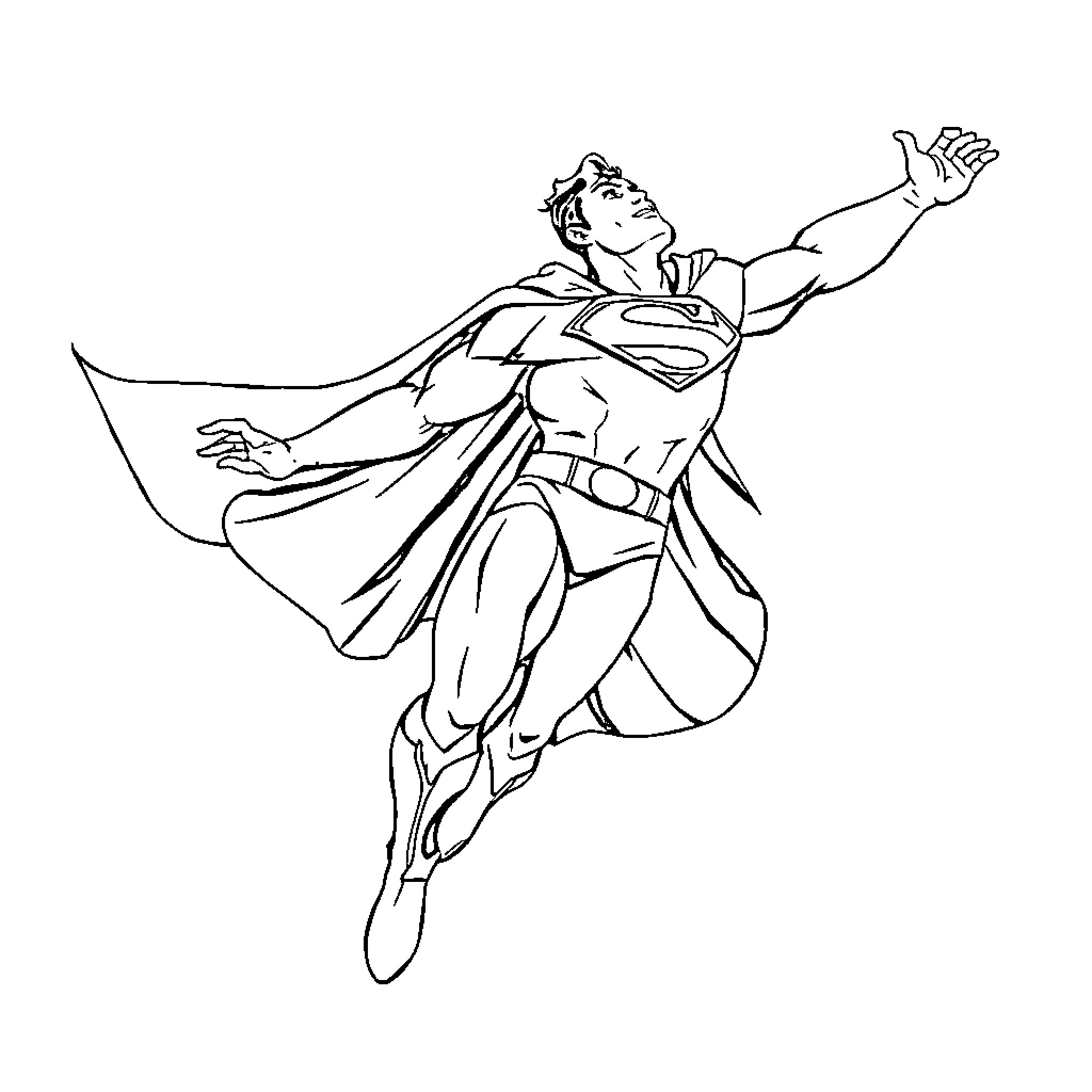 Superman in heroic action pose Coloring Page (free black-and-white line drawing printable PDF for all, from beginners to advanced learners, including children, teens, adults, and seniors)