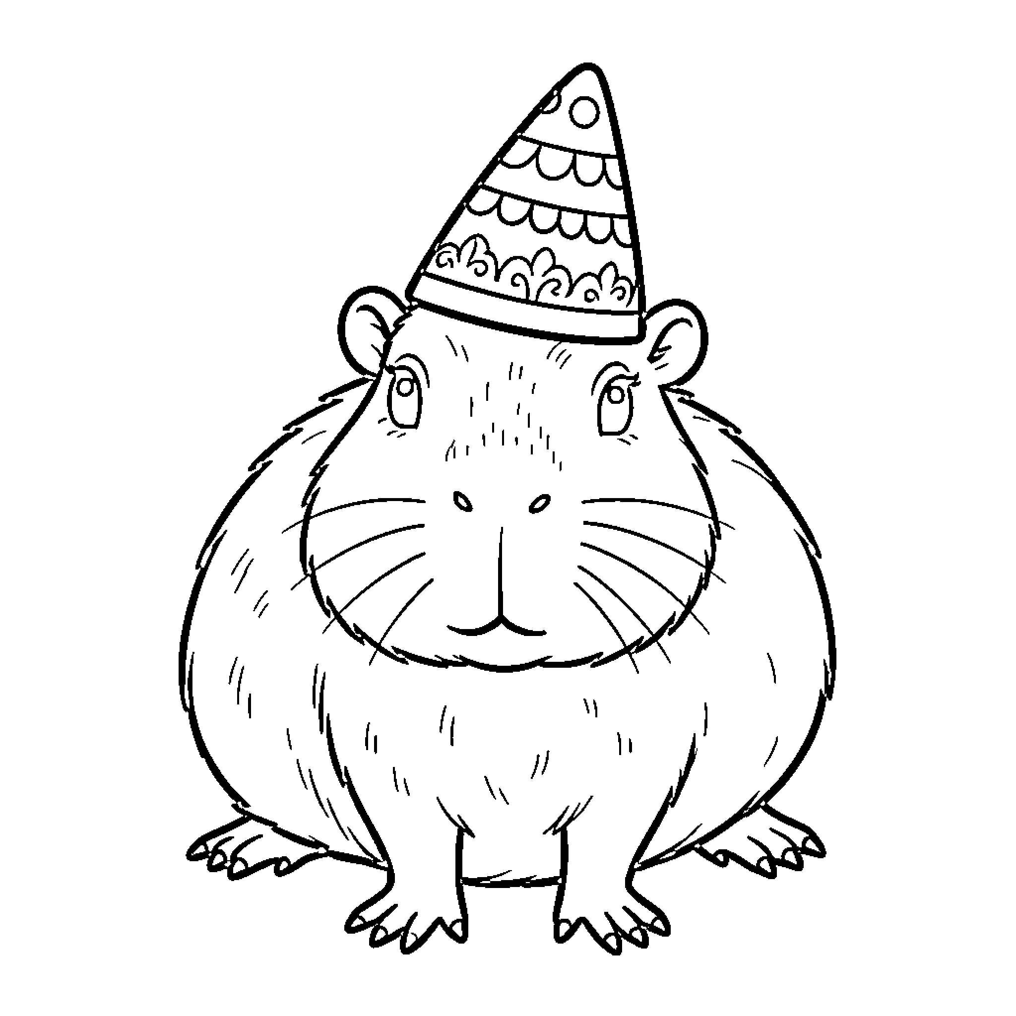 Capybara wearing a party hat Coloring Page (free black-and-white line drawing printable PDF for all, from beginners to advanced learners, including children, teens, adults, and seniors)