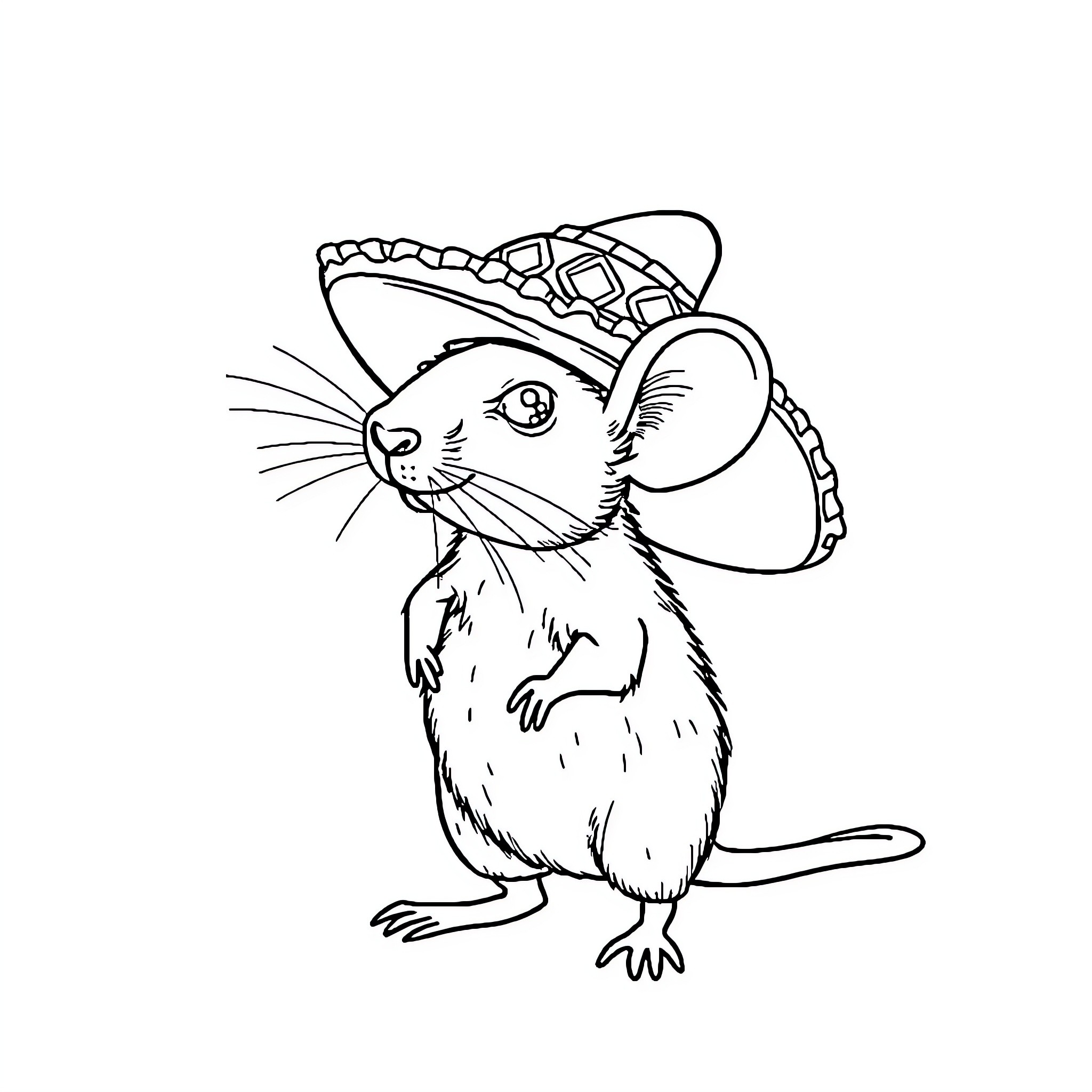 Rat wearing a sombrero Coloring Page (free black-and-white line drawing printable PDF for all, from beginners to advanced learners, including children, teens, adults, and seniors)