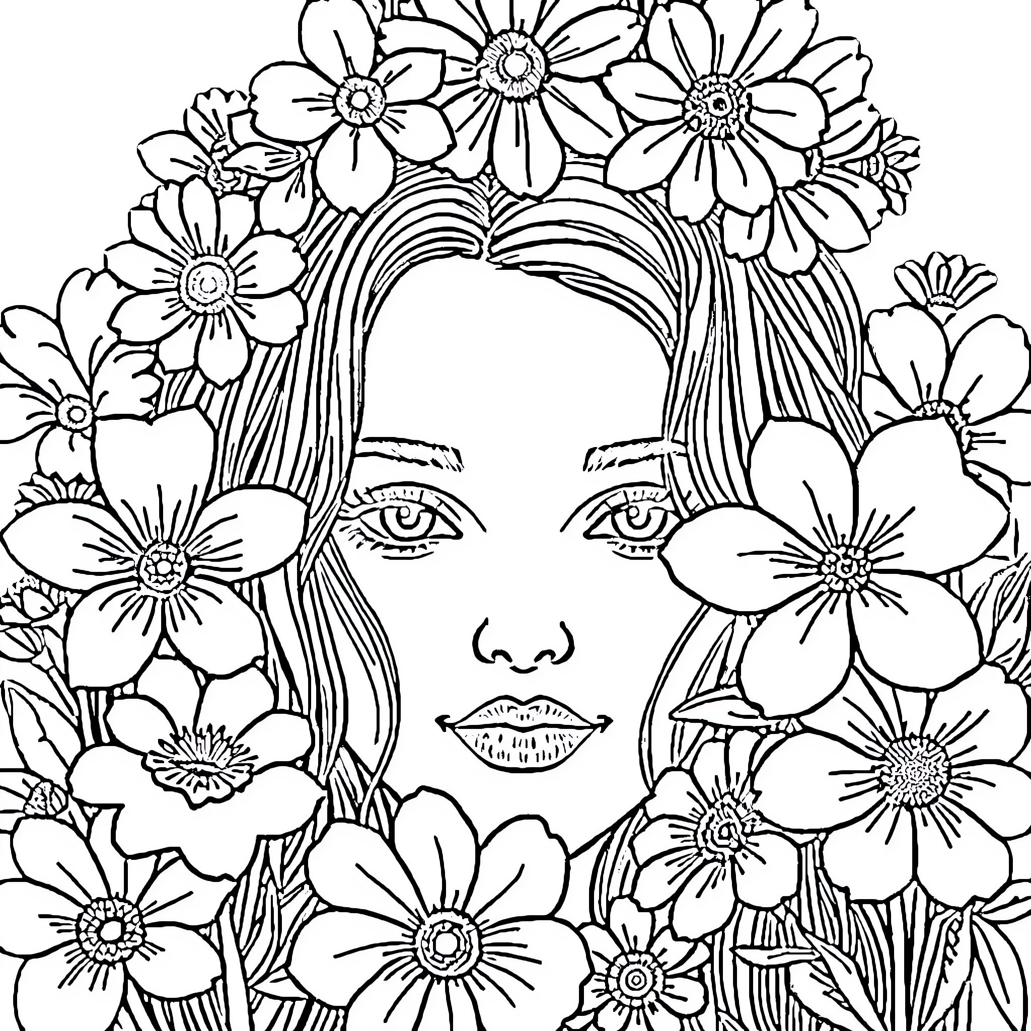 Woman surrounded by blooming flowers Coloring Page (free black-and-white line drawing printable PDF for all, from beginners to advanced learners, including children, teens, adults, and seniors)