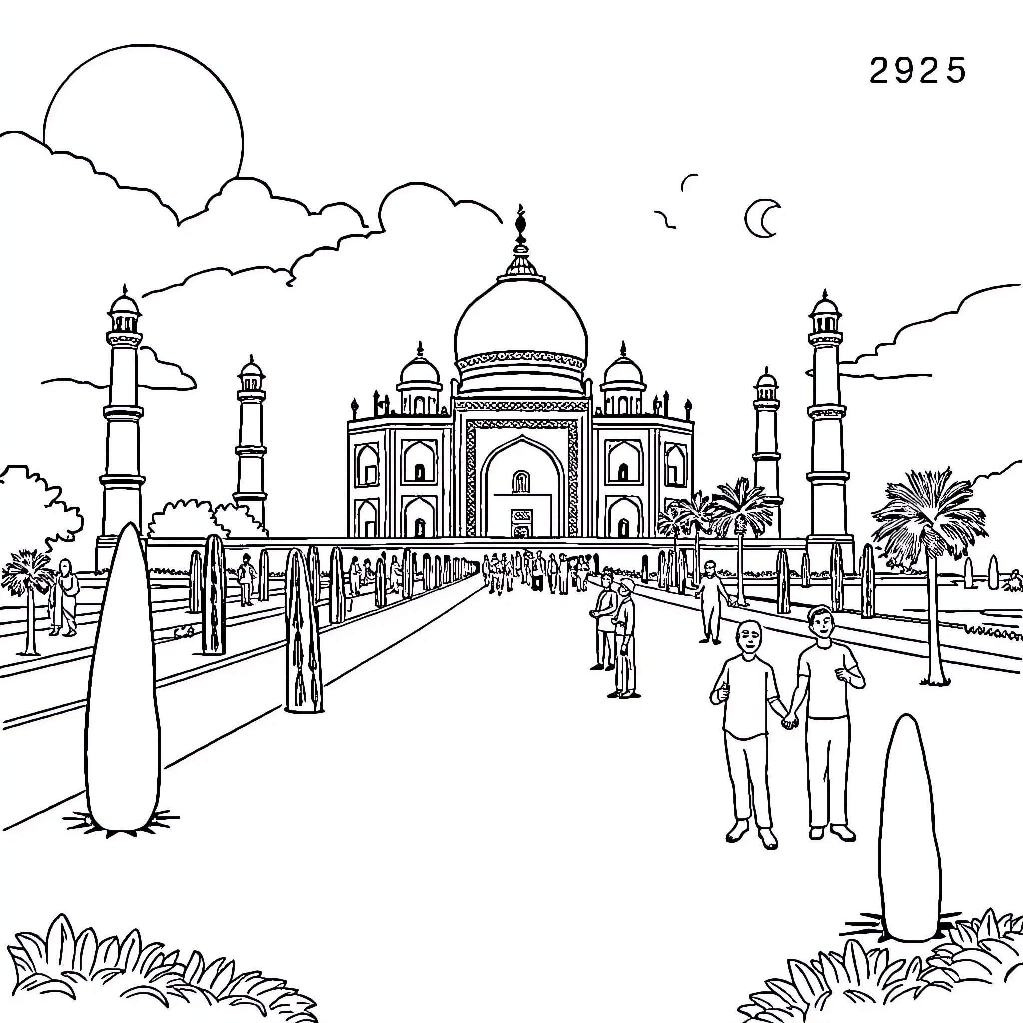 Indian History: Majestic Taj Mahal and Bustling Marketplace Coloring Page (free black-and-white line drawing printable PDF for all, from beginners to advanced learners, including children, teens, adults, and seniors)