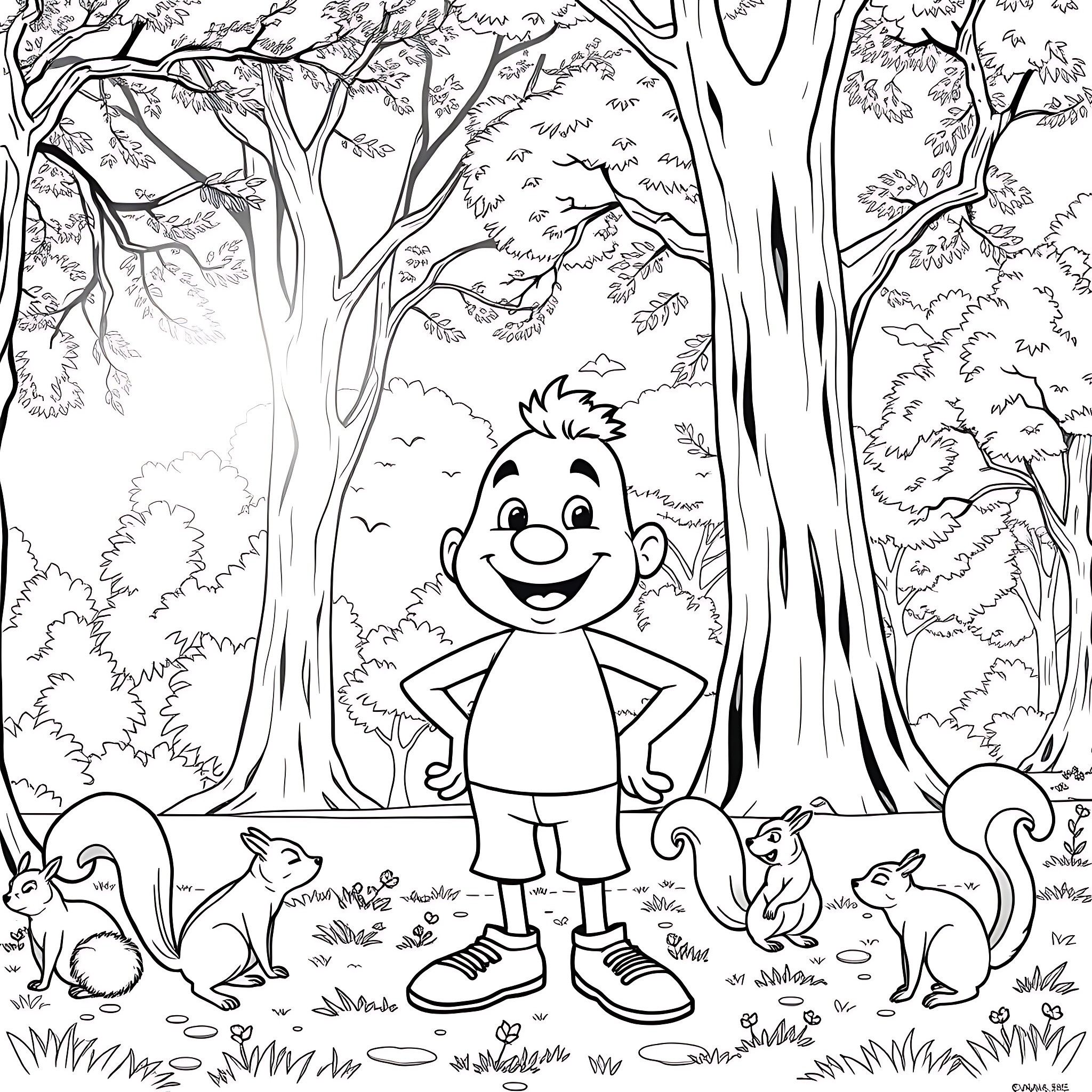 Bob explores the enchanting forest with animal friends Coloring Page (free black-and-white line drawing printable PDF for all, from beginners to advanced learners, including children, teens, adults, and seniors)