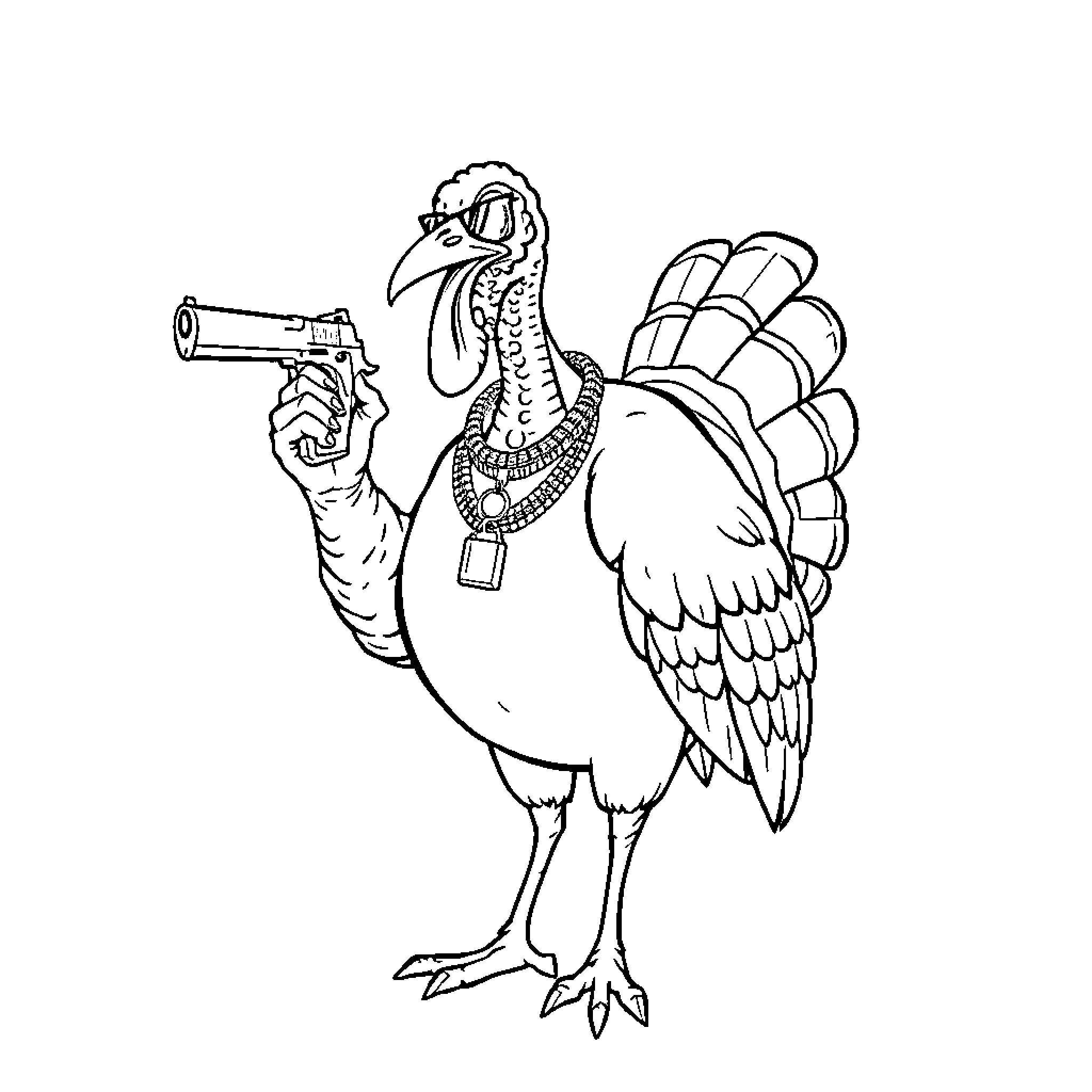 Turkey spy holding a gun Coloring Page (free black-and-white line drawing printable PDF for all, from beginners to advanced learners, including children, teens, adults, and seniors)