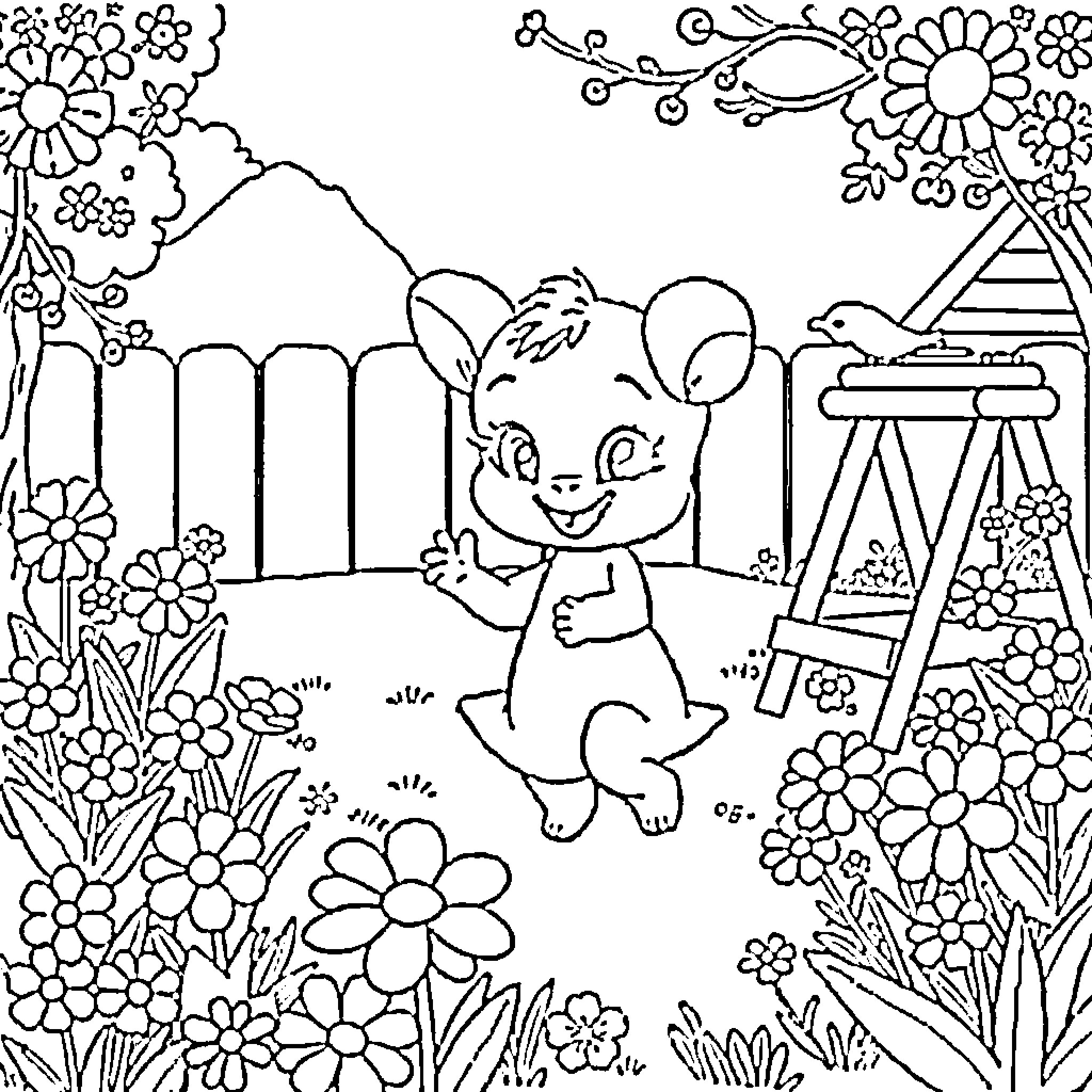 Bluey playing happily in the garden Coloring Page (free black-and-white line drawing printable PDF for all, from beginners to advanced learners, including children, teens, adults, and seniors)