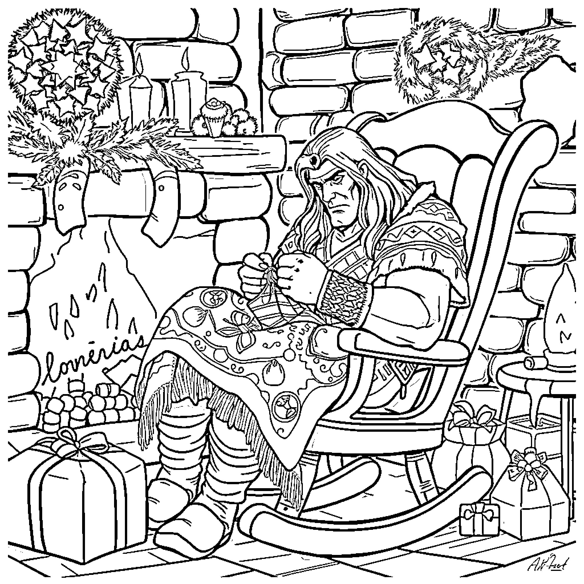 Conan Relaxing by the Fireplace in a Cozy Holiday Scene Coloring Page (free black-and-white line drawing printable PDF for all, from beginners to advanced learners, including children, teens, adults, and seniors)