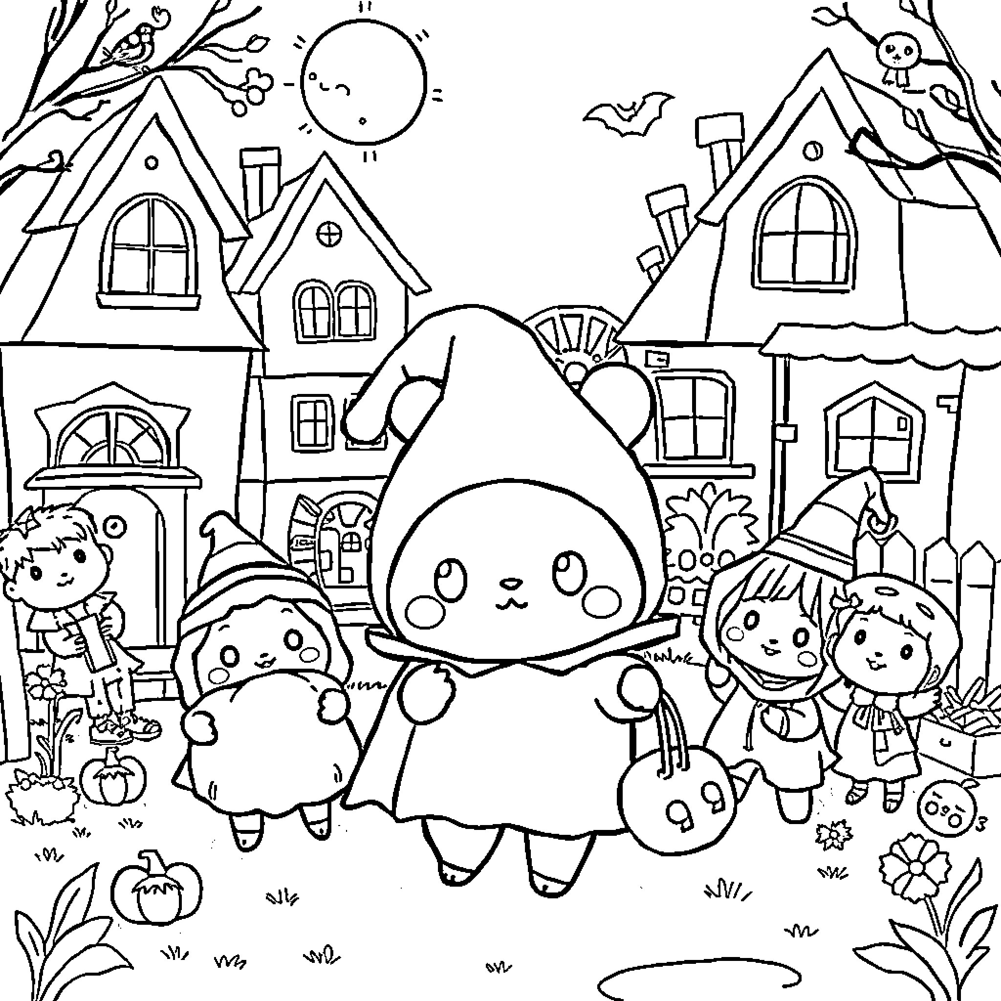 Pompompurin and Friends Explore the Charming Village Coloring Page (free black-and-white line drawing printable PDF for all, from beginners to advanced learners, including children, teens, adults, and seniors)