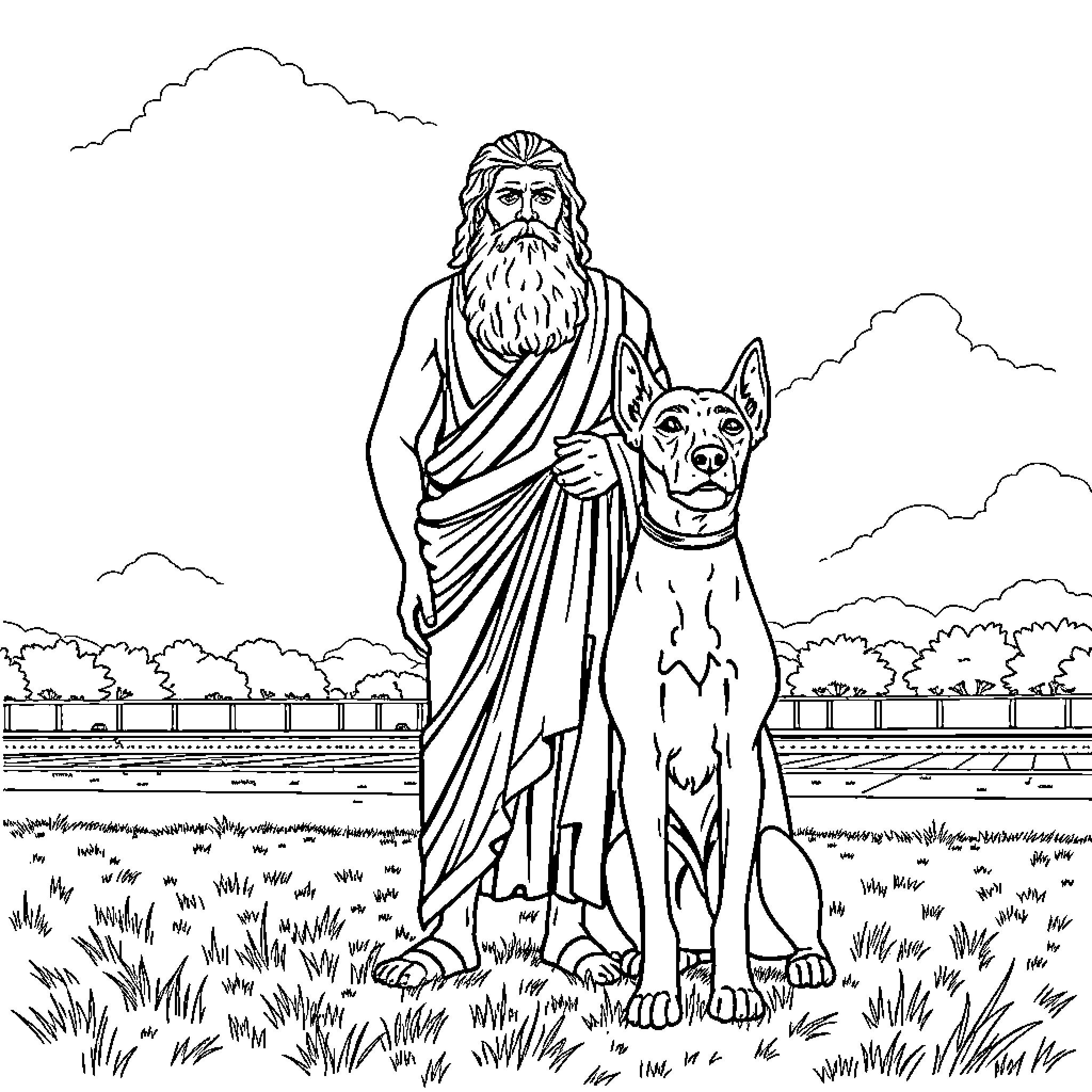 Euripides and his loyal companion in the countryside Coloring Page (free black-and-white line drawing printable PDF for all, from beginners to advanced learners, including children, teens, adults, and seniors)
