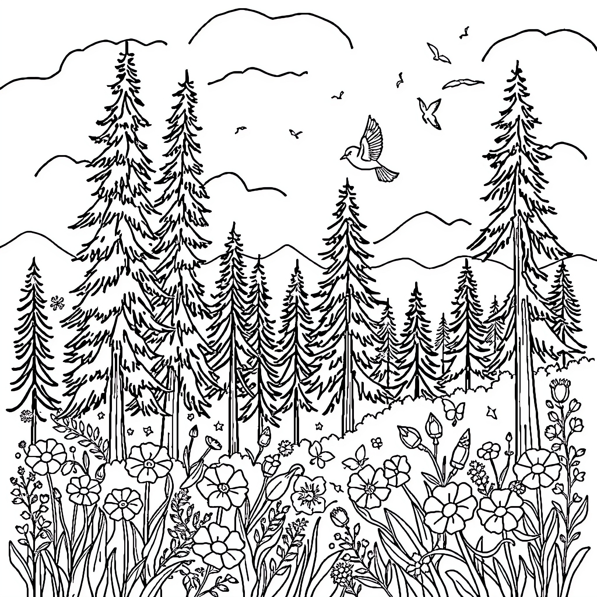 Nature's Wondrous Forest Scene Coloring Page (free black-and-white line drawing printable PDF for all, from beginners to advanced learners, including children, teens, adults, and seniors)