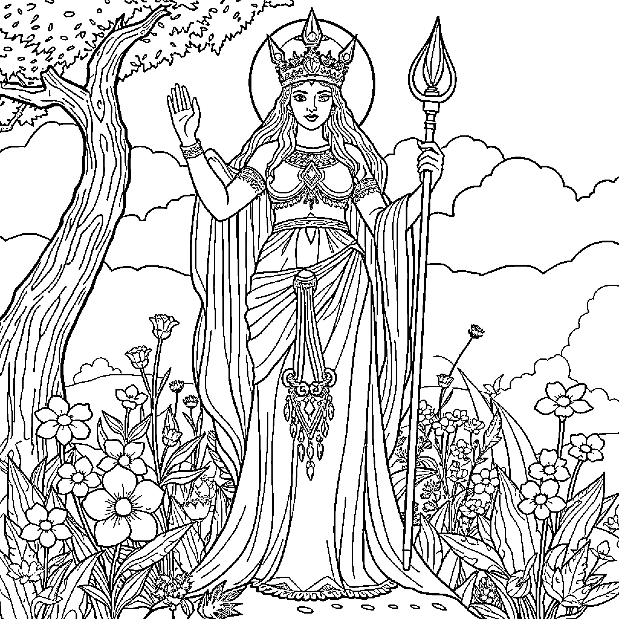 Mokosh: Goddess of Nature and Fertility Coloring Page (free black-and-white line drawing printable PDF for all, from beginners to advanced learners, including children, teens, adults, and seniors)