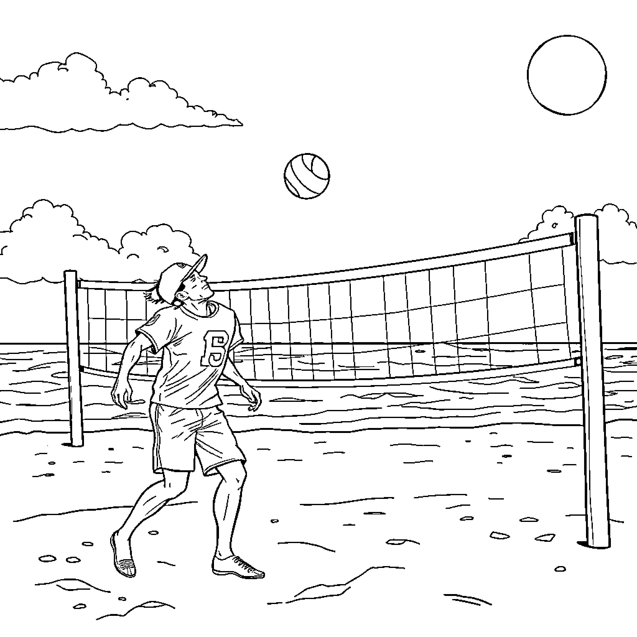 Player hitting volleyball on the beach Coloring Page (free black-and-white line drawing printable PDF for all, from beginners to advanced learners, including children, teens, adults, and seniors)