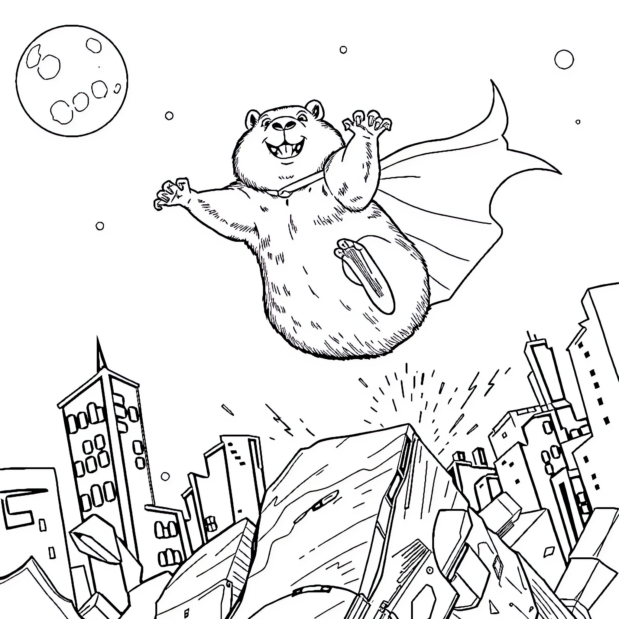 Capybara flying over the city skyline Coloring Page (free black-and-white line drawing printable PDF for all, from beginners to advanced learners, including children, teens, adults, and seniors)