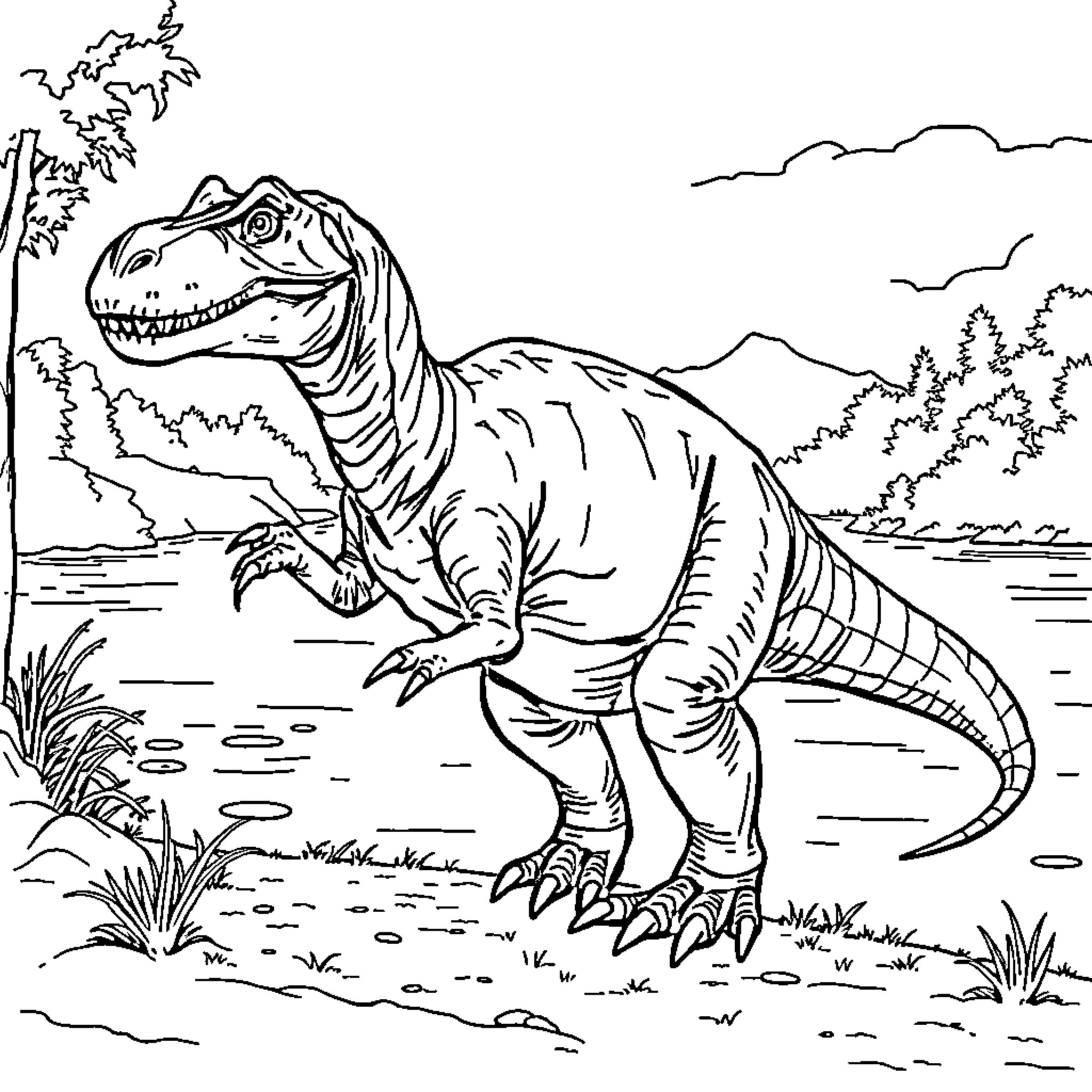Baryonyx standing tall in its natural habitat Coloring Page (free black-and-white line drawing printable PDF for all, from beginners to advanced learners, including children, teens, adults, and seniors)
