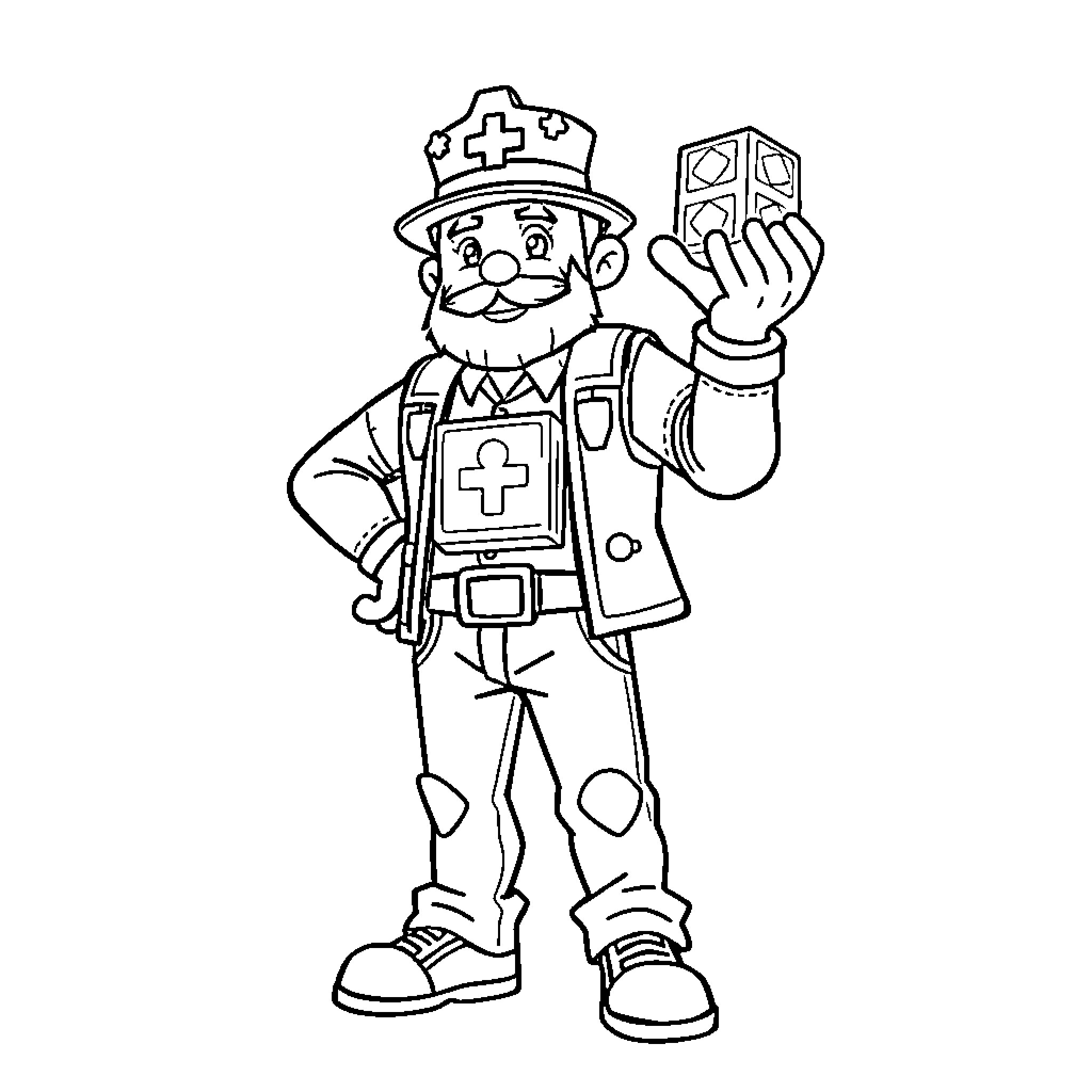 Lucky Block Character in Medical Uniform Coloring Page (free black-and-white line drawing printable PDF for all, from beginners to advanced learners, including children, teens, adults, and seniors)