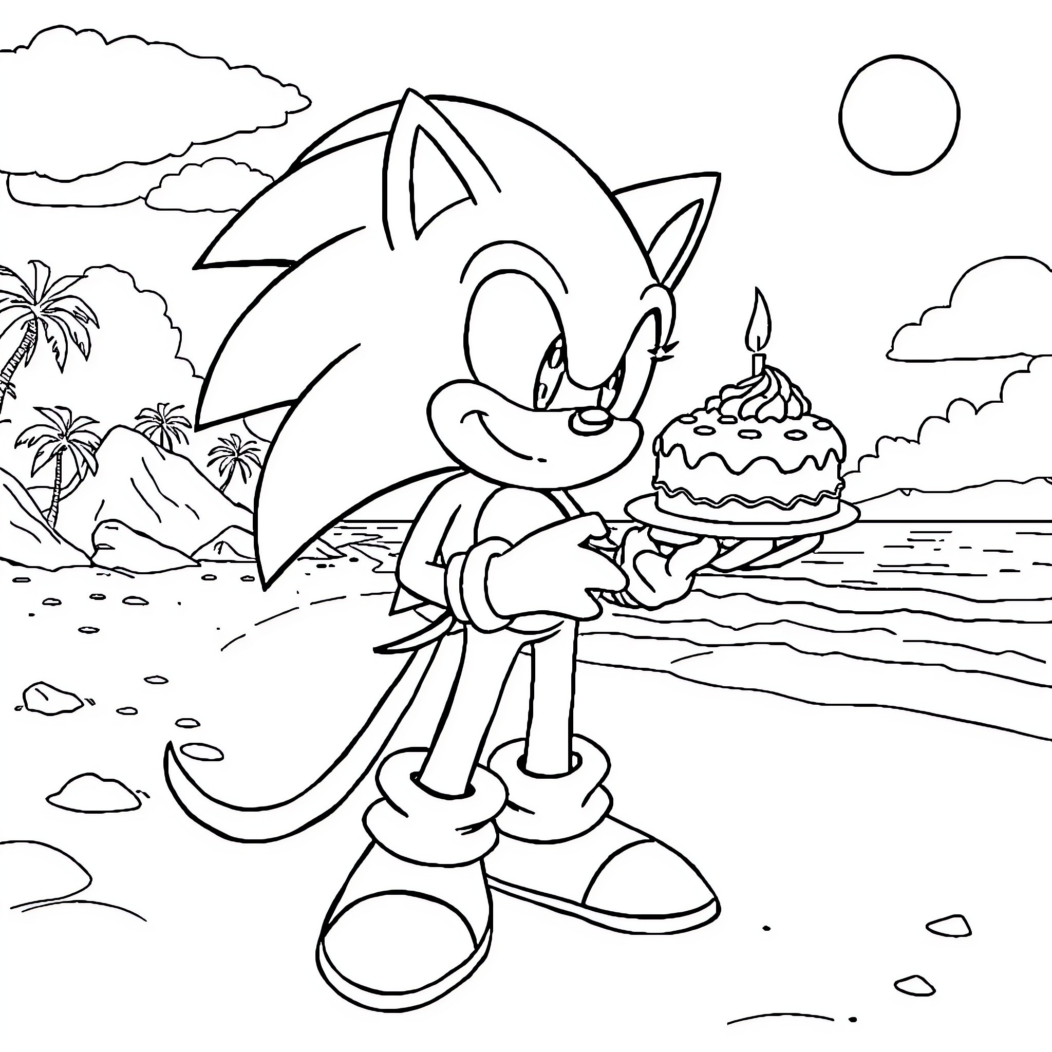 Sonic celebrating with birthday cake on tropical beach Coloring Page (free black-and-white line drawing printable PDF for all, from beginners to advanced learners, including children, teens, adults, and seniors)