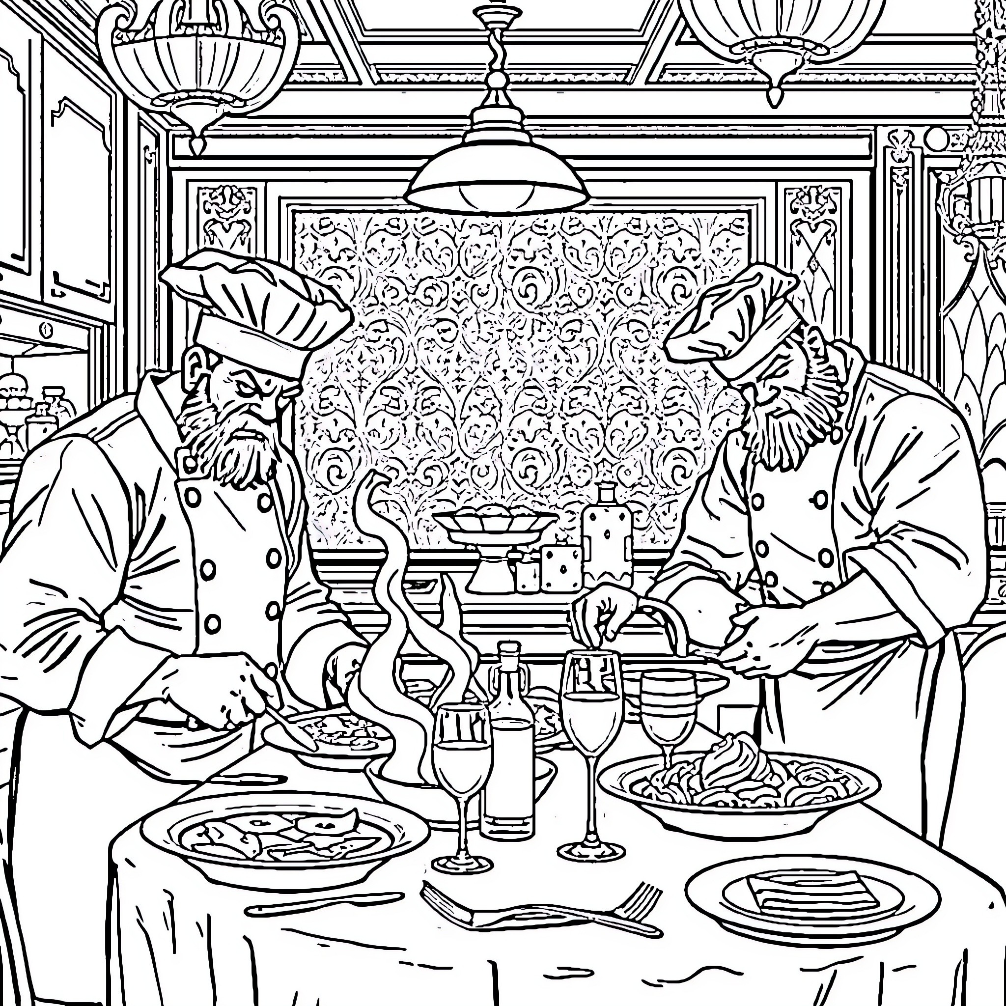 Thug Chefs Dining in Elegant Restaurant Coloring Page (free black-and-white line drawing printable PDF for all, from beginners to advanced learners, including children, teens, adults, and seniors)