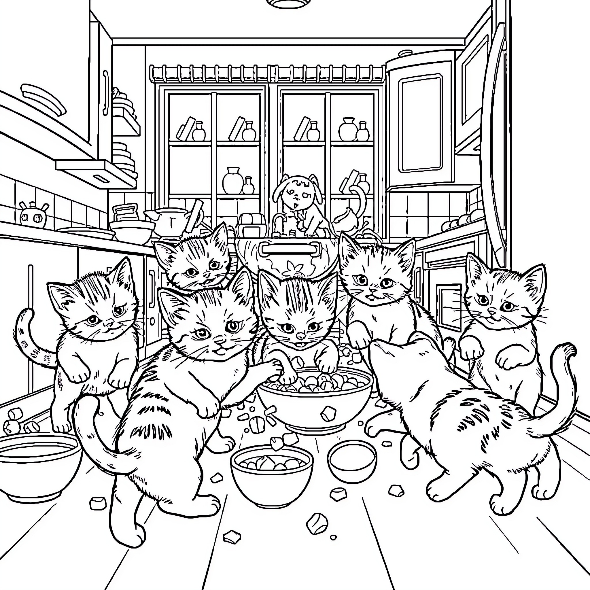 Kittens enjoying a meal in the kitchen Coloring Page (free black-and-white line drawing printable PDF for all, from beginners to advanced learners, including children, teens, adults, and seniors)