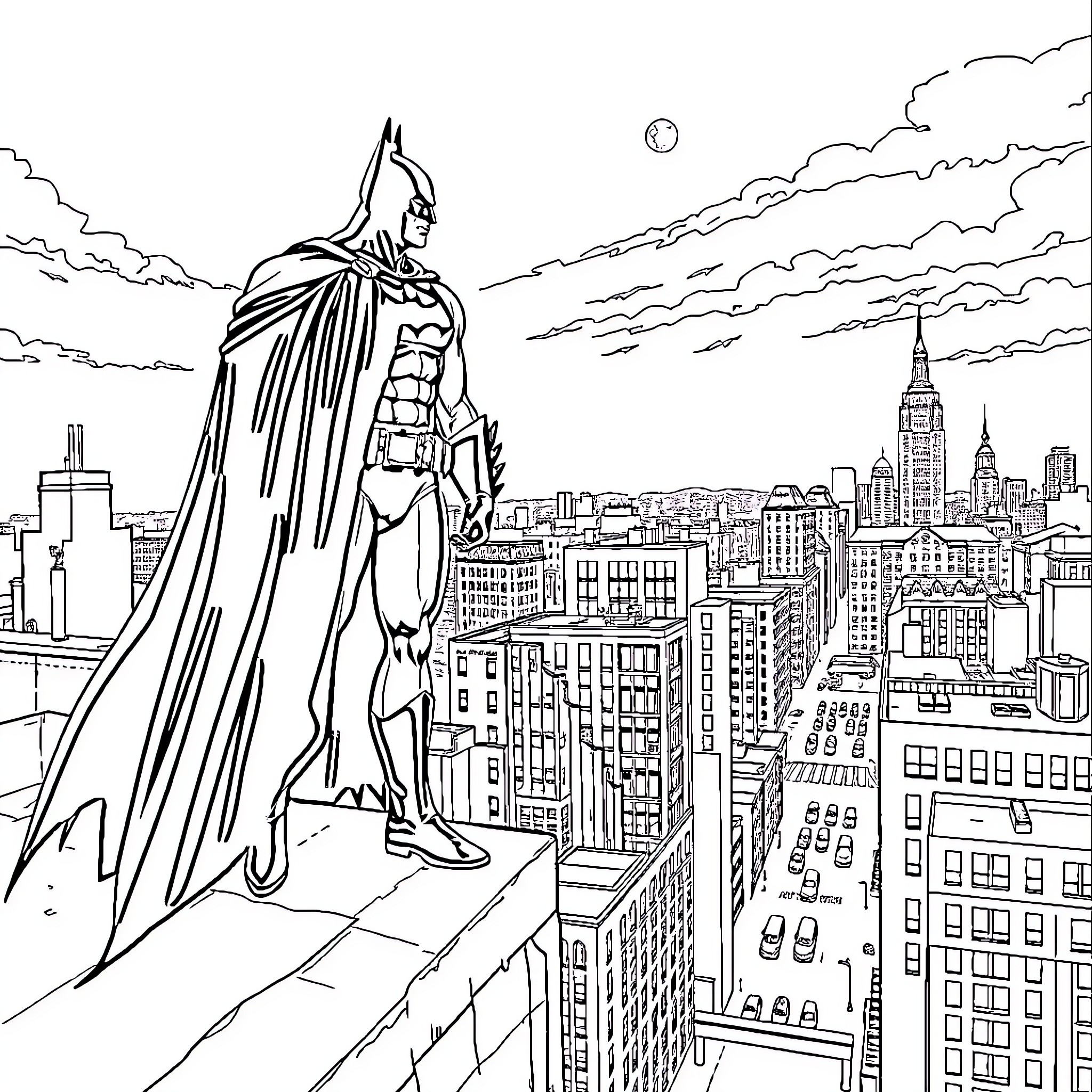 Batman overlooking the city skyline at night Coloring Page (free black-and-white line drawing printable PDF for all, from beginners to advanced learners, including children, teens, adults, and seniors)
