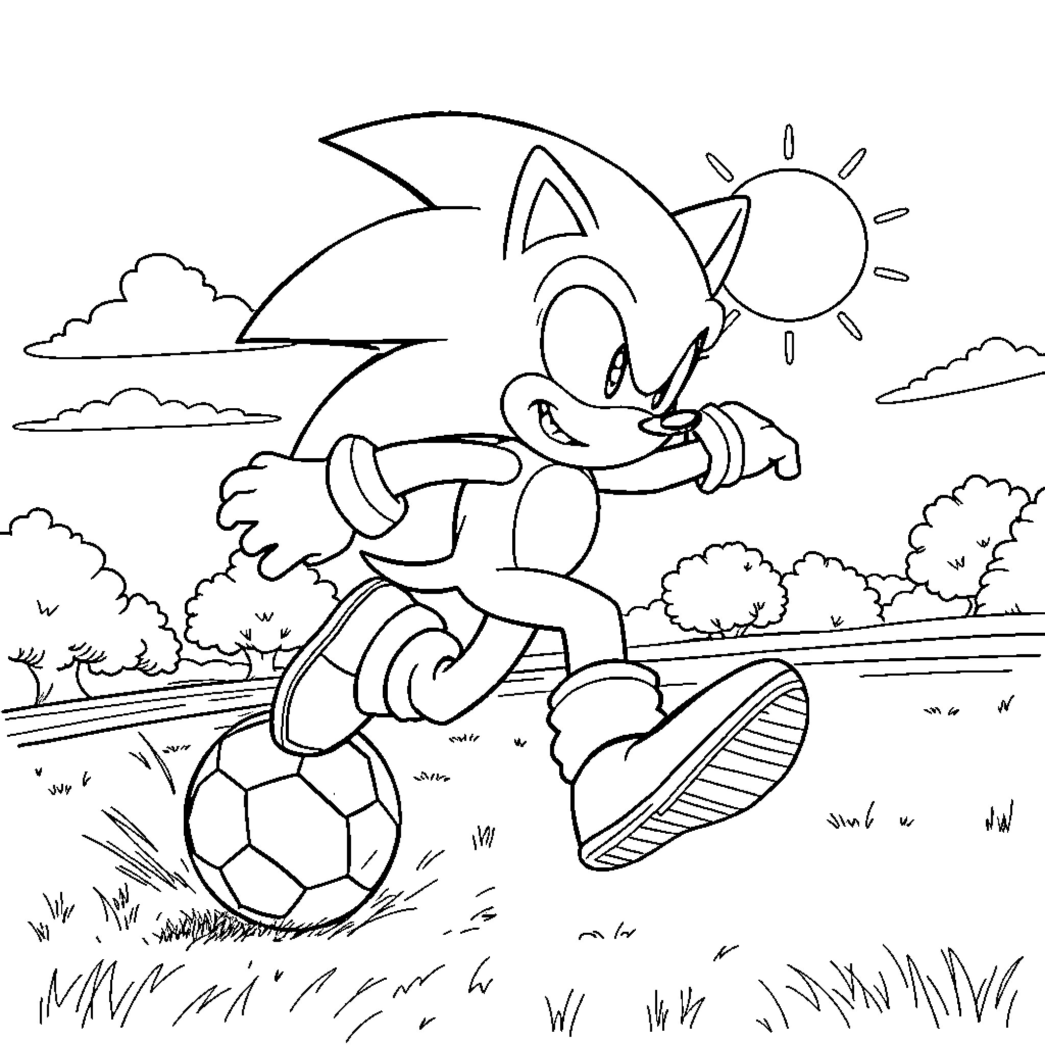 Sonic playing happily with a soccer ball in the outdoors Coloring Page (free black-and-white line drawing printable PDF for all, from beginners to advanced learners, including children, teens, adults, and seniors)