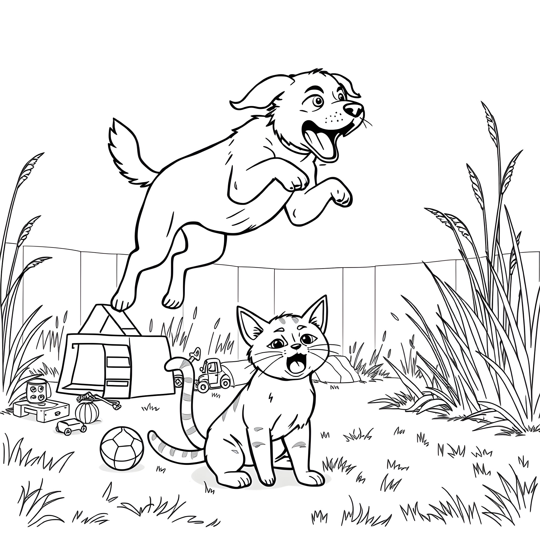 Dog Playing Happily with Cat in the Yard Coloring Page (free black-and-white line drawing printable PDF for all, from beginners to advanced learners, including children, teens, adults, and seniors)