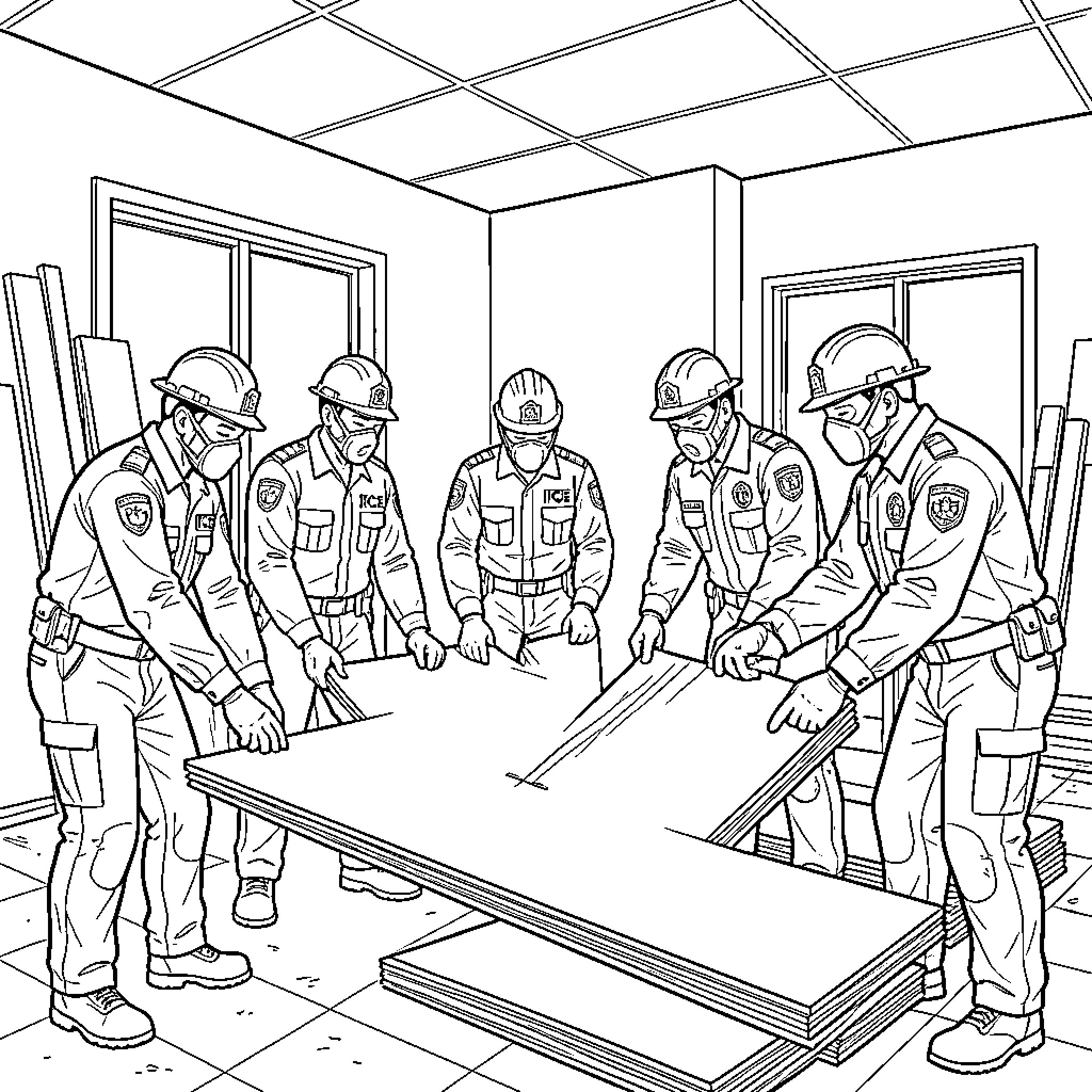 Ice Agent strategizing meeting in construction site Coloring Page (free black-and-white line drawing printable PDF for all, from beginners to advanced learners, including children, teens, adults, and seniors)