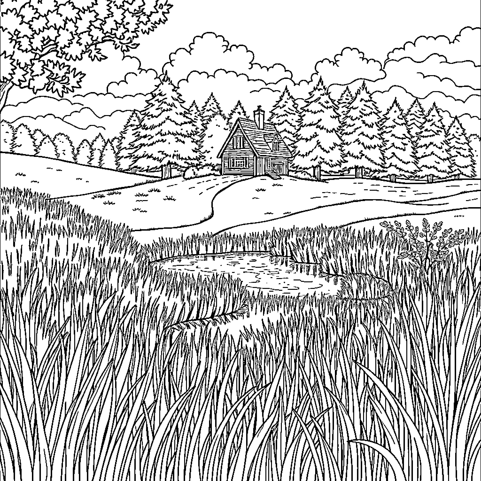 Meadow with Cozy Cabin in Forest Landscape Coloring Page (free black-and-white line drawing printable PDF for all, from beginners to advanced learners, including children, teens, adults, and seniors)