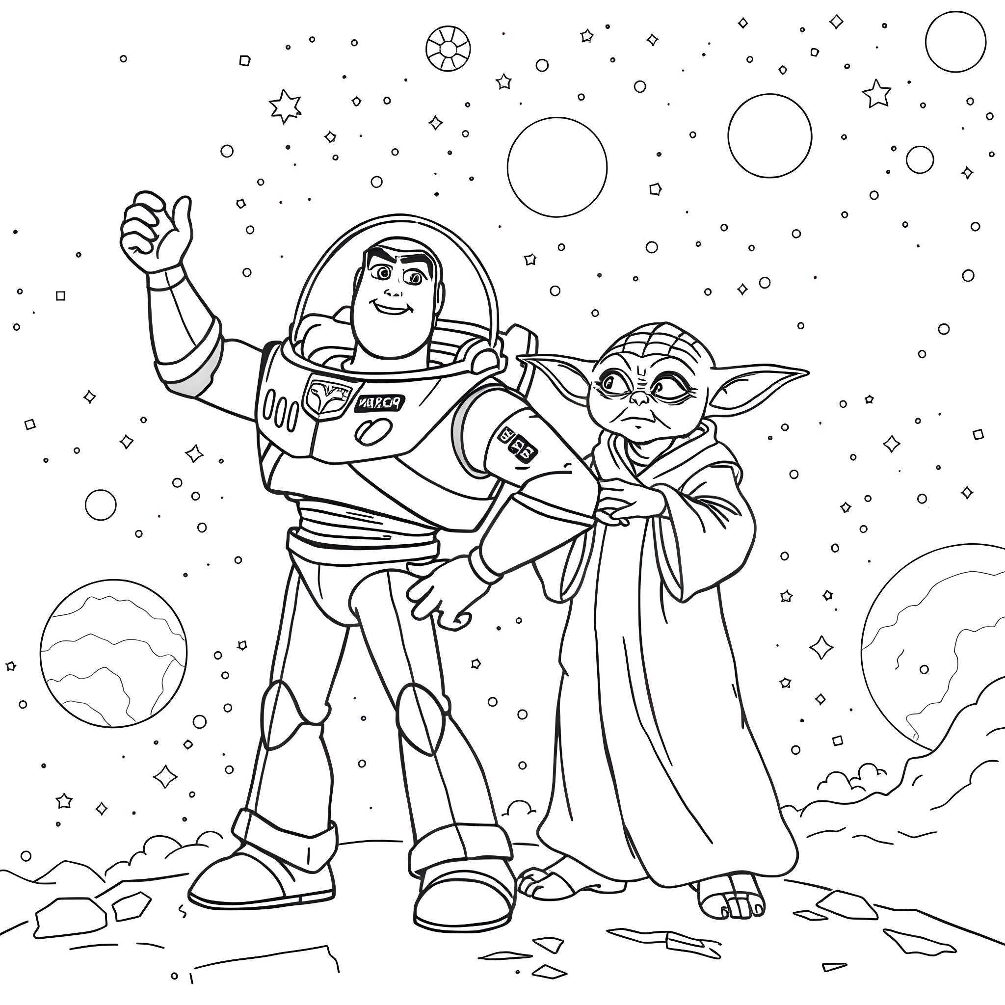 Buzz Lightyear and Yoda exploring the cosmos Coloring Page (free black-and-white line drawing printable PDF for all, from beginners to advanced learners, including children, teens, adults, and seniors)