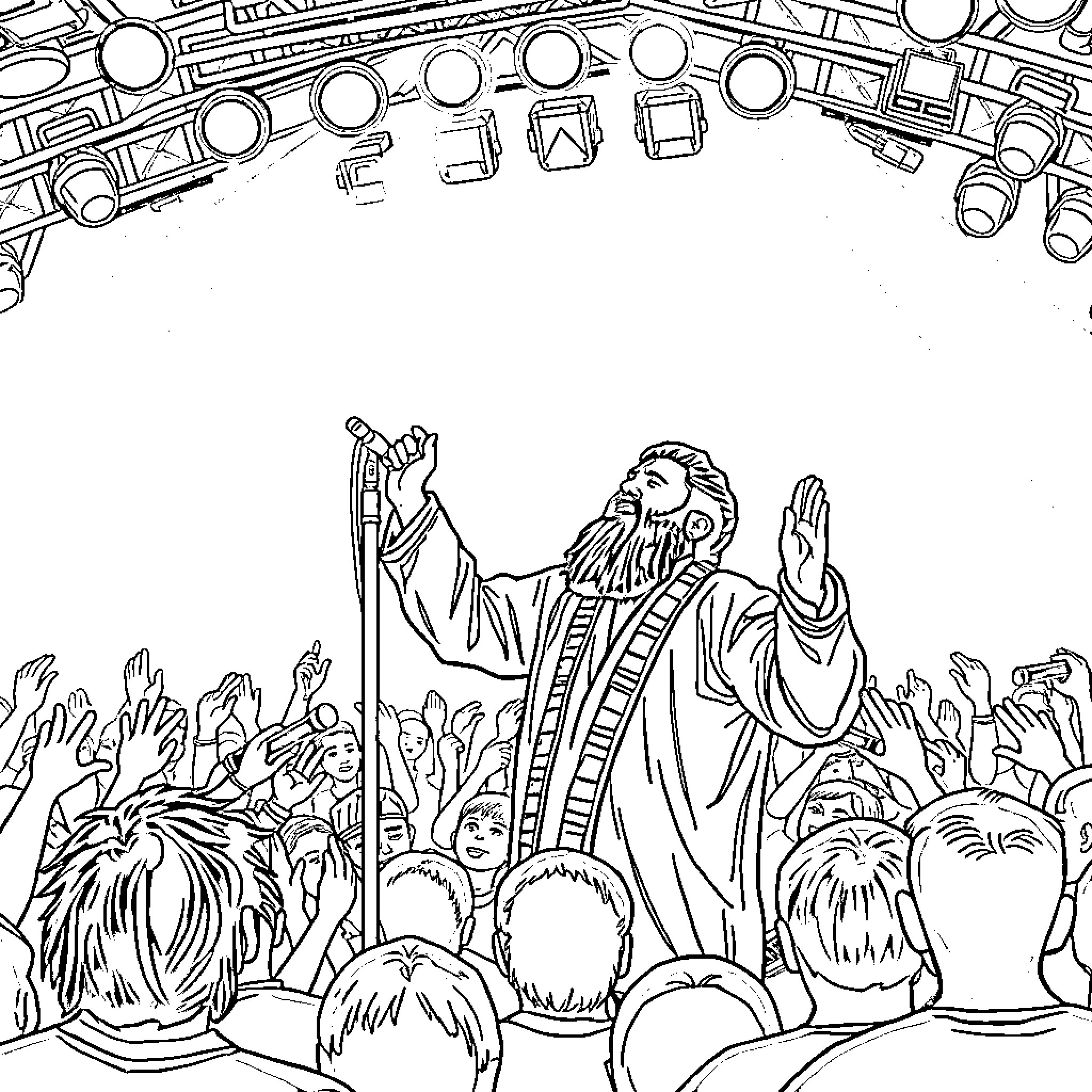 Rumi Captivating the Crowd with Wisdom and Passion Coloring Page (free black-and-white line drawing printable PDF for all, from beginners to advanced learners, including children, teens, adults, and seniors)