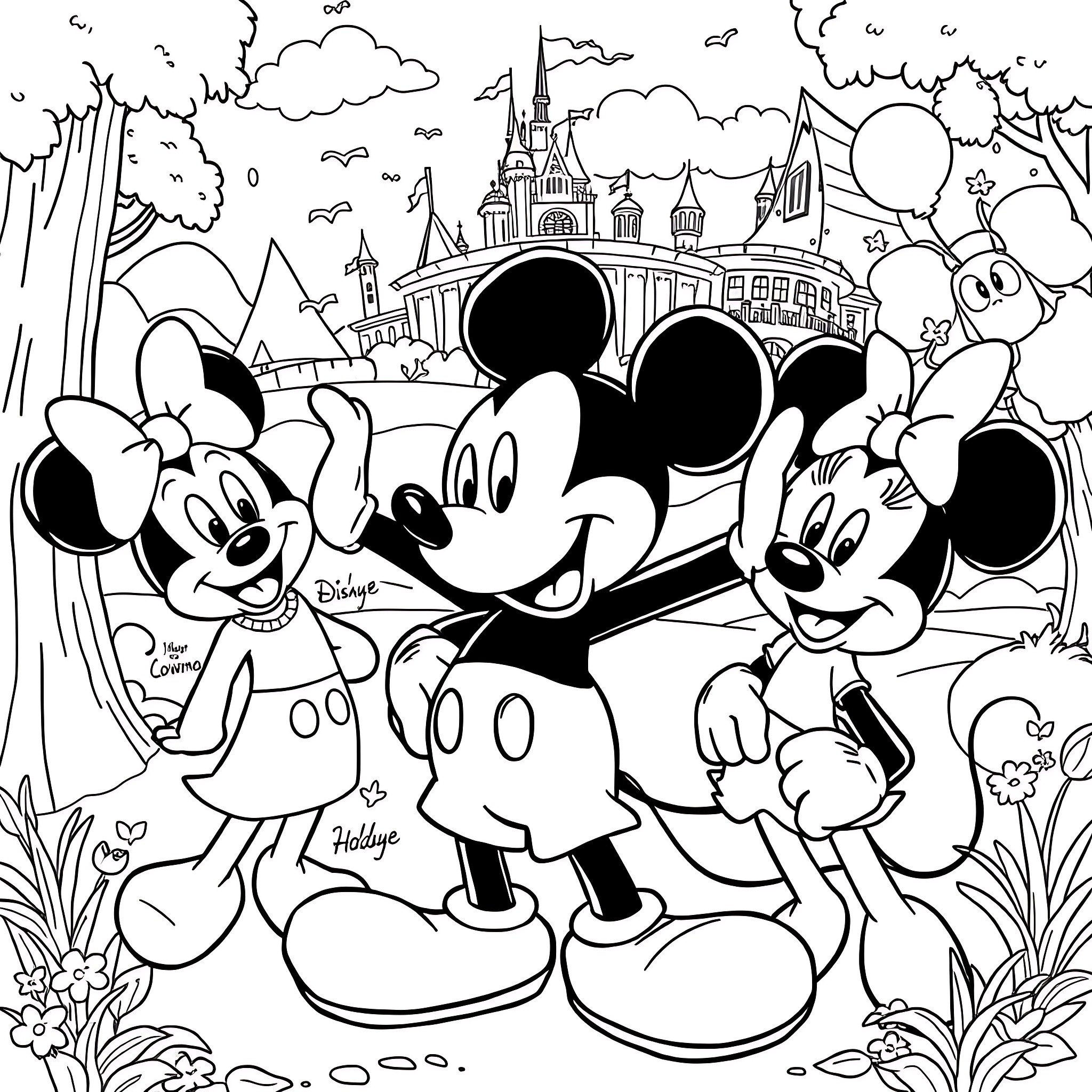 Mickey Mouse and friends explore the Disney Castle Coloring Page (free black-and-white line drawing printable PDF for all, from beginners to advanced learners, including children, teens, adults, and seniors)
